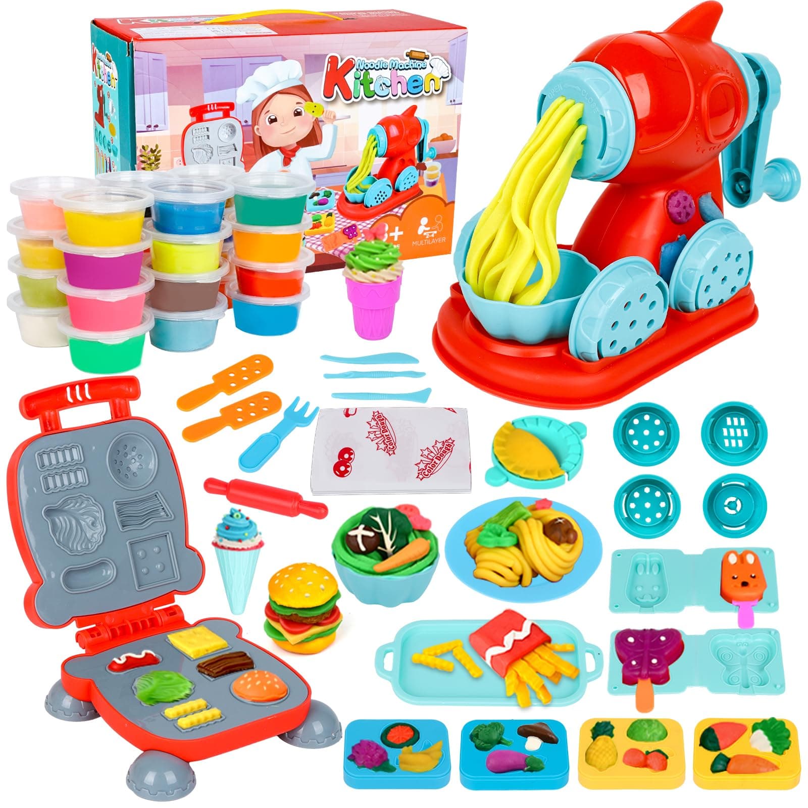 – Jovicos Dough Tools and Cutters, 51Pcs Dough Tools Noodle Burger Set with 24 Colors Dough, Modelling Clay Set, Kitchen Creations, Educational Toy Gift for Kids Ages 3+