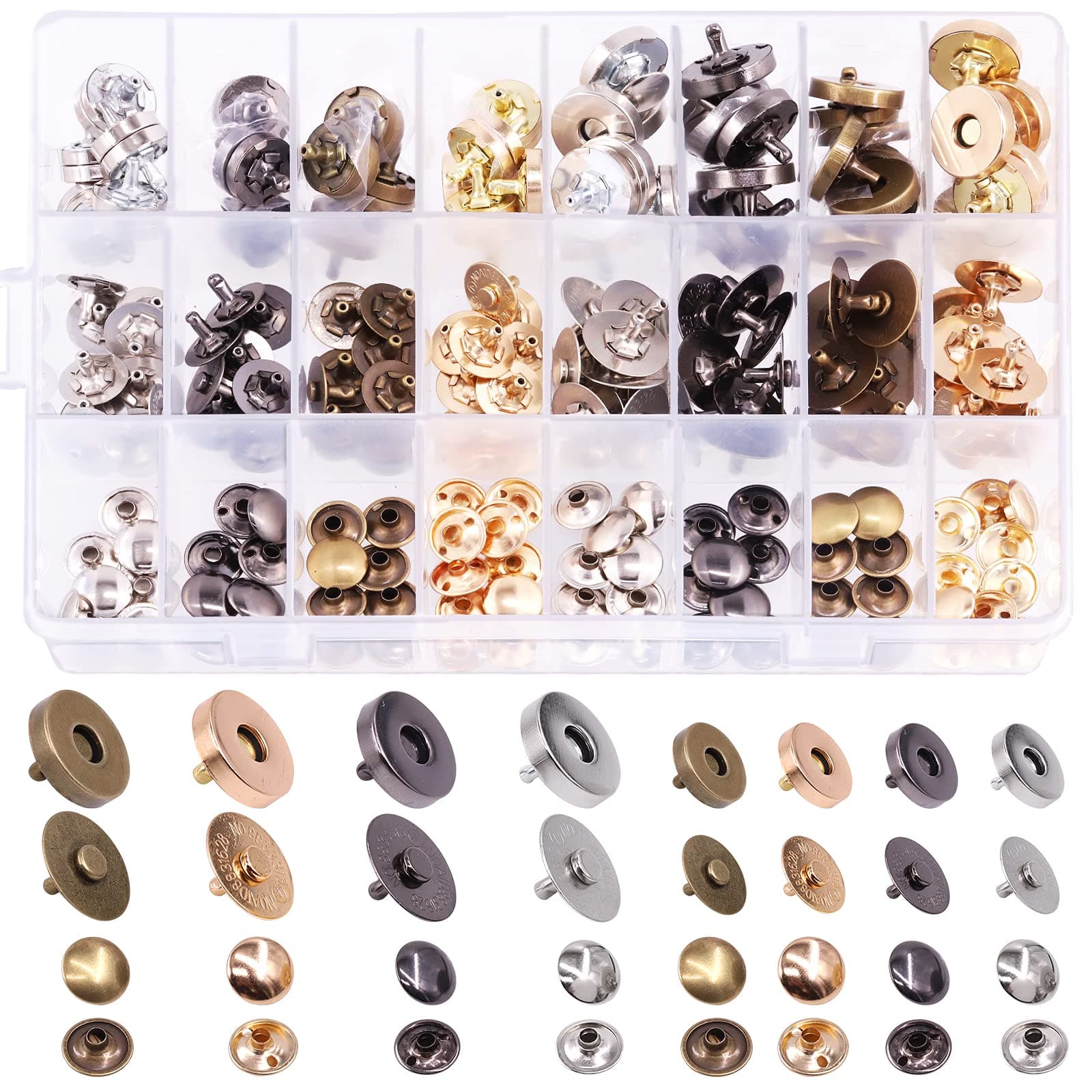 Cimeton 72 Sets Button Clasps Round Snaps Fastener Clasps Bag Button Closure Purse Handbag with Washer DIY Craft Buttons Kit (14MM & 18MM Assortment Kit)