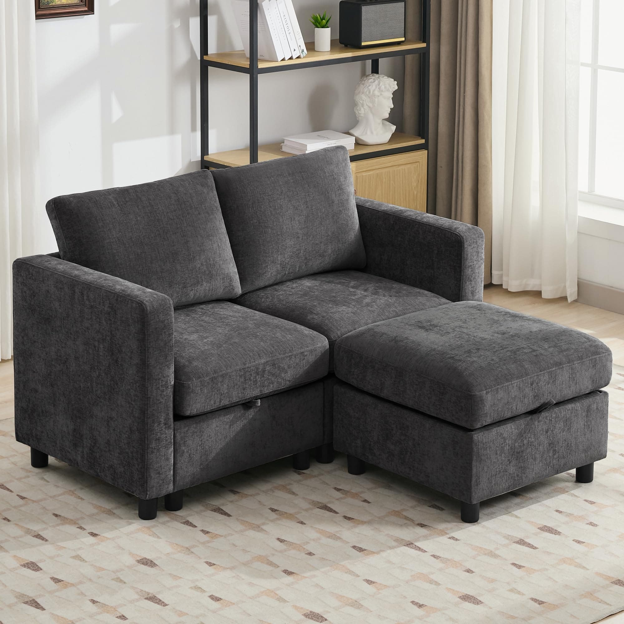 58”Modular Sectional Loveseat Sofa with Storage, Comfy Office L Shaped Sofa Couch, Chenille Love Seat Modular Sectional Couch with Movable Ottoman for Living Room, Bedroom, Dark Grey