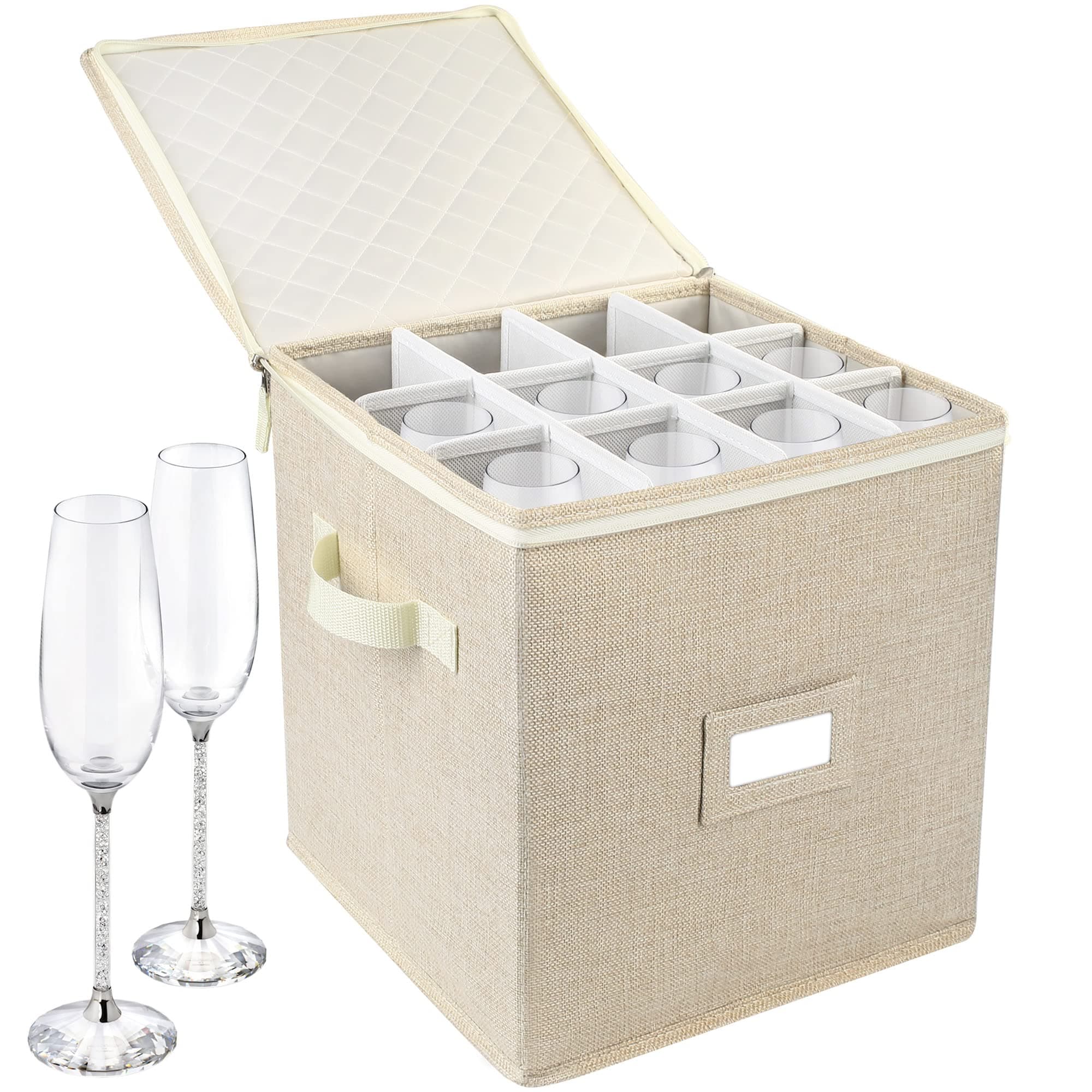 LotFancy Champagne Flute Storage Container for Moving, Hard Shell, Stackable 12" Tall Stemware Storage Box with Dividers & Handles, Wine Glass, Crystal Glassware, Drinkware Case, Beige