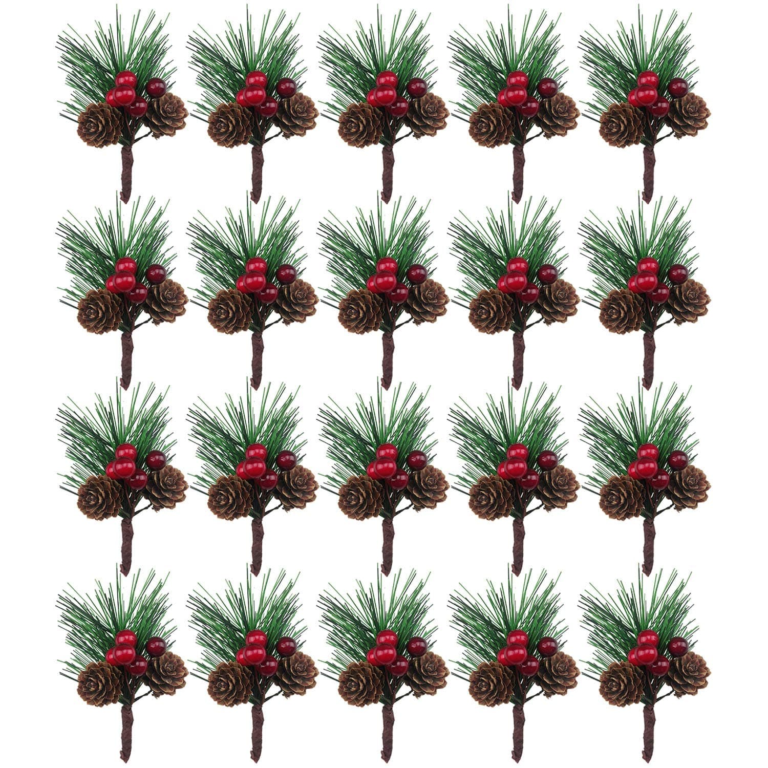 20PCS Artificial Pine Picks Small Pine Tree Plants Red Pinecones for Christmas Flower Arrangements Wreaths and Holiday Decorations