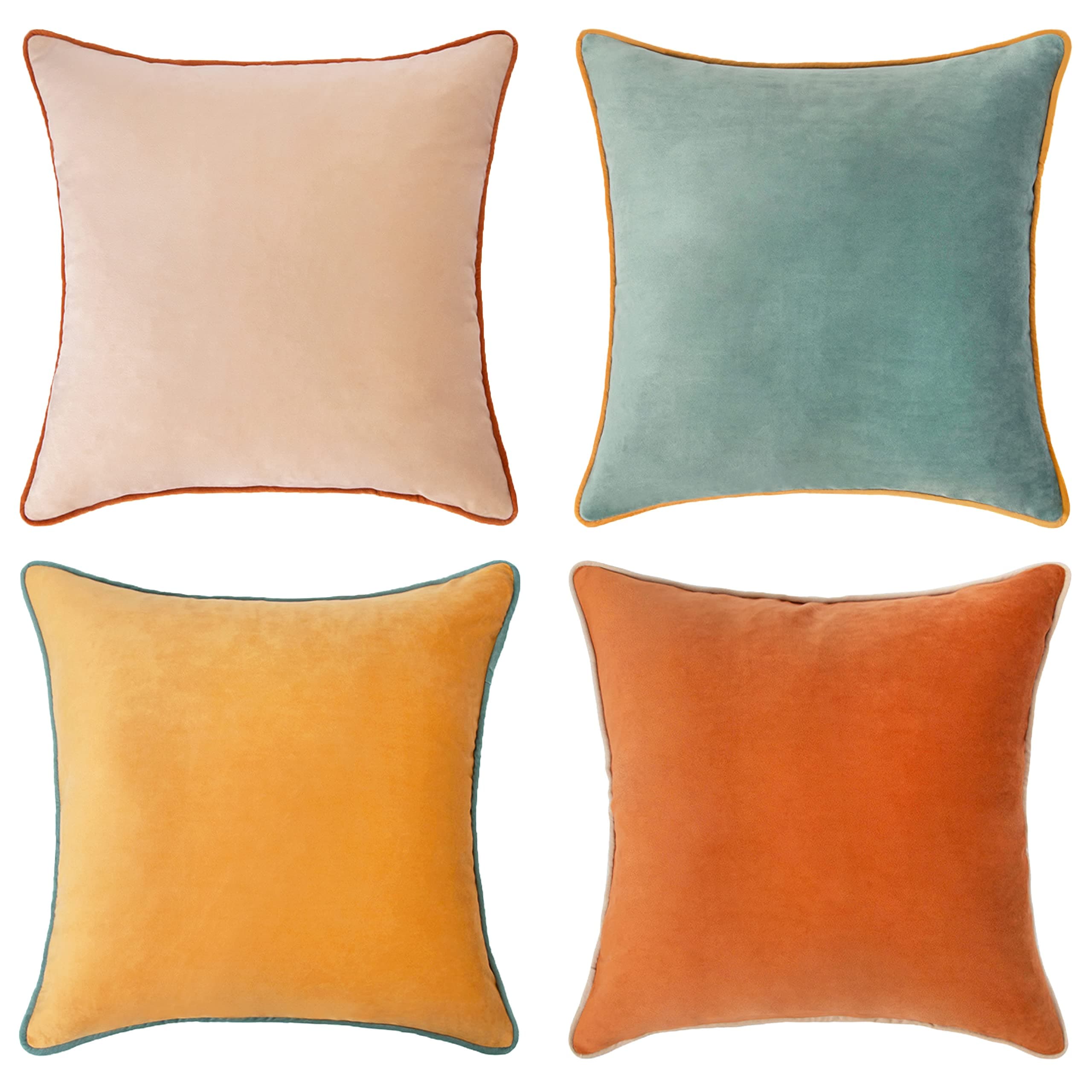 Decorative Throw Pillow Covers Cushion Cases, Set of 4 Soft Velvet Modern Double-Sided Designs, Mix and Match for Home Decor, Pillow Inserts Not Included (18x18 inch, Orange/Teal)