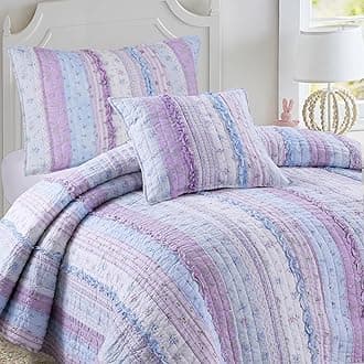Raelynn Romantic Lace Orchid Light Purple Blue Flower Print Stripe Cotton 3D Bedding Quilt Set, Reversible Coverlet, Bedspread for Girls Women (Lavender,Queen -3 Piece)
