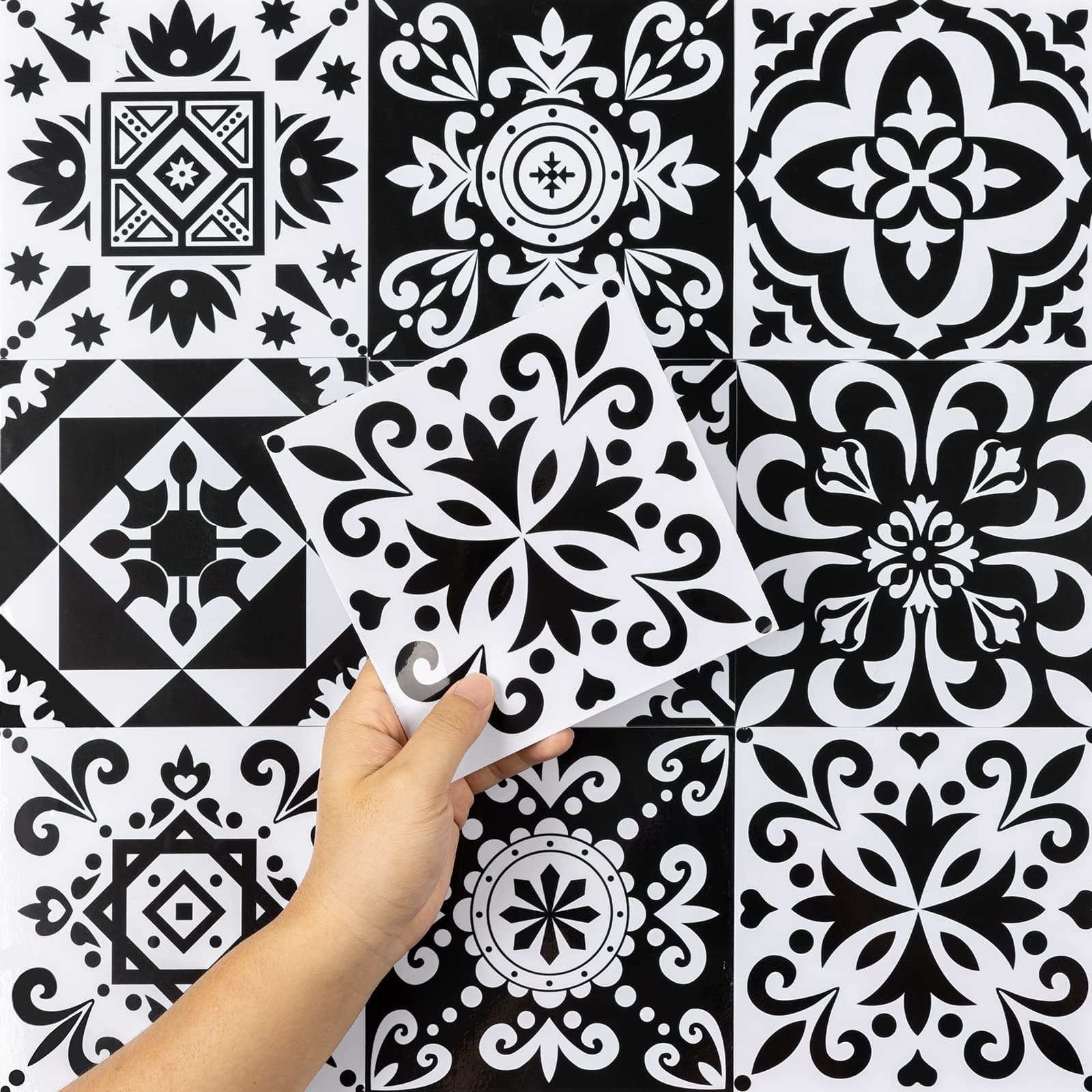 Hode Kitchen Bathroom Tile Stickers Stick on Tiles, Sticky Back Peel and Stick Self Adhesive Wall, Vinyl Waterproof Black and White Moroccan, 24pcs 15x15cm