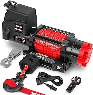 Winch 12v 6000lbs Boat Trailer Winch with Remote Synthetic Rope 1/4 in x 55 ft Hook Wireless Remote Handlebar Switch, Automatic Braking, Waterproof, for ATV UTV Powersports Off Road