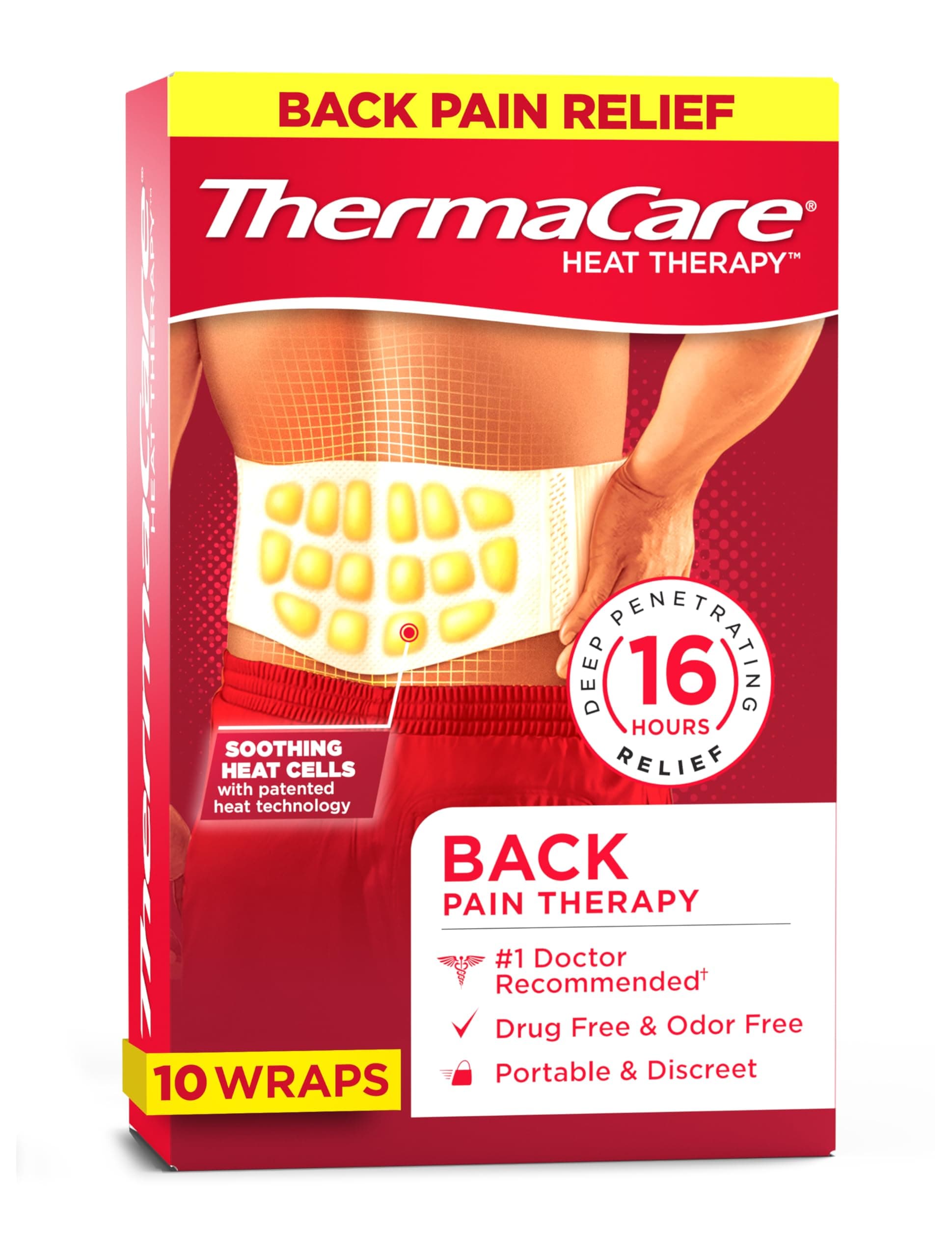 ThermaCare Advanced Back & Hip HeatWraps, Long-Lasting, Disposable Heat Therapy for Lower Back Pain, Muscle Soreness, & Herniated Discs, Drug-Free (L-XL, Pack of 10)