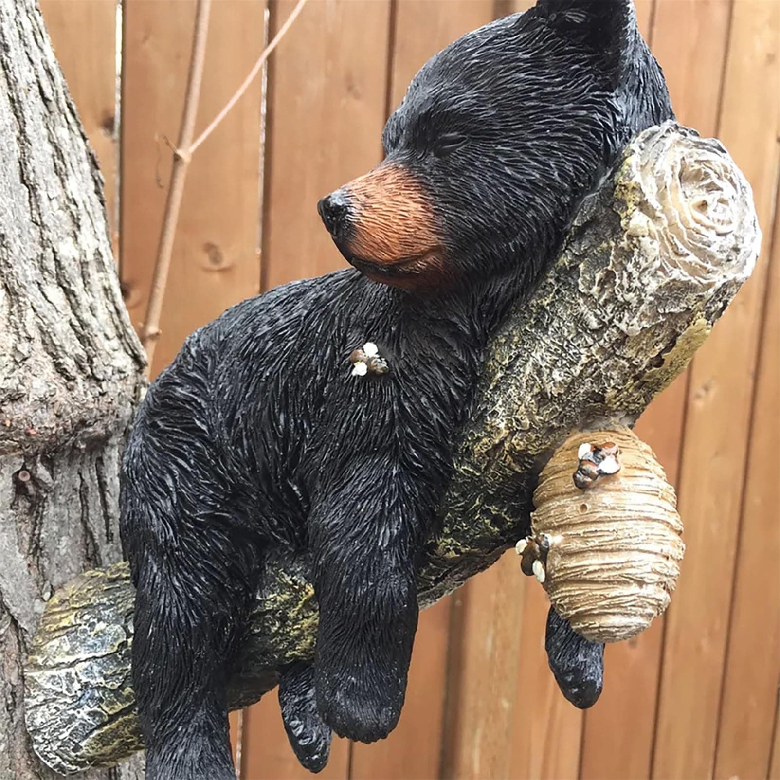 Black Bear Cub Statue Napping in a Tree, Garden Peeker Outdoor Sculpture, Tree Hugger Faces Figurine Decor, Resin Bear Cub for Trees