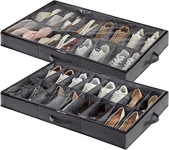 Lifewit Under Bed Shoe Storage Organizer Set of 2, 4.3 Inches Tall Low Profile Fabric Shoes Container Box, Foldable Shoe Rack with 2 Reinforced Handle and Clear Cover, Each Fit 16 Pairs of Shoes
