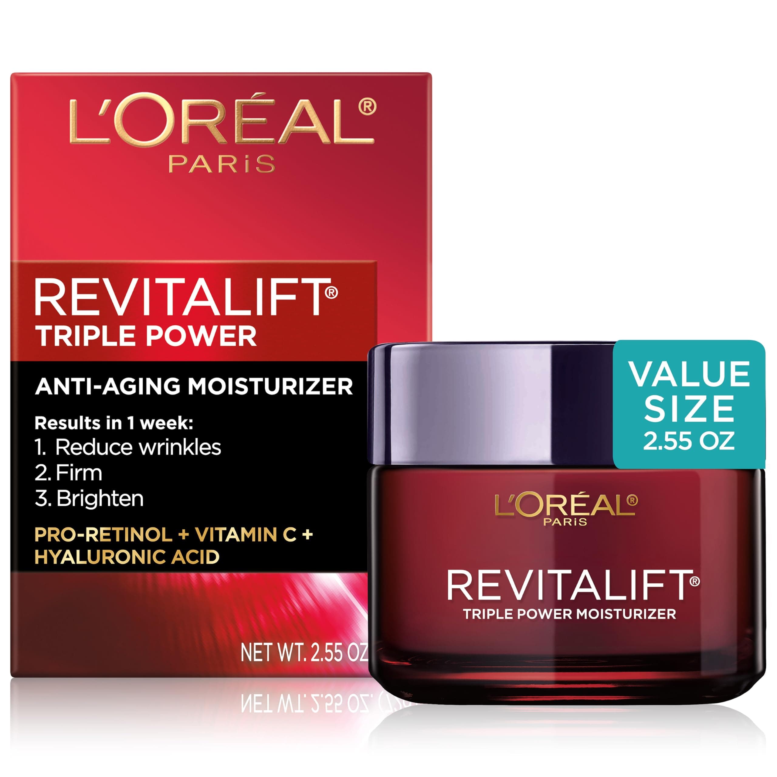 Revitalift Triple Power Anti-Aging Face Moisturizer, Pro Retinol, Hyaluronic Acid & Vitamin C, Reduce Wrinkles 2.55 Oz