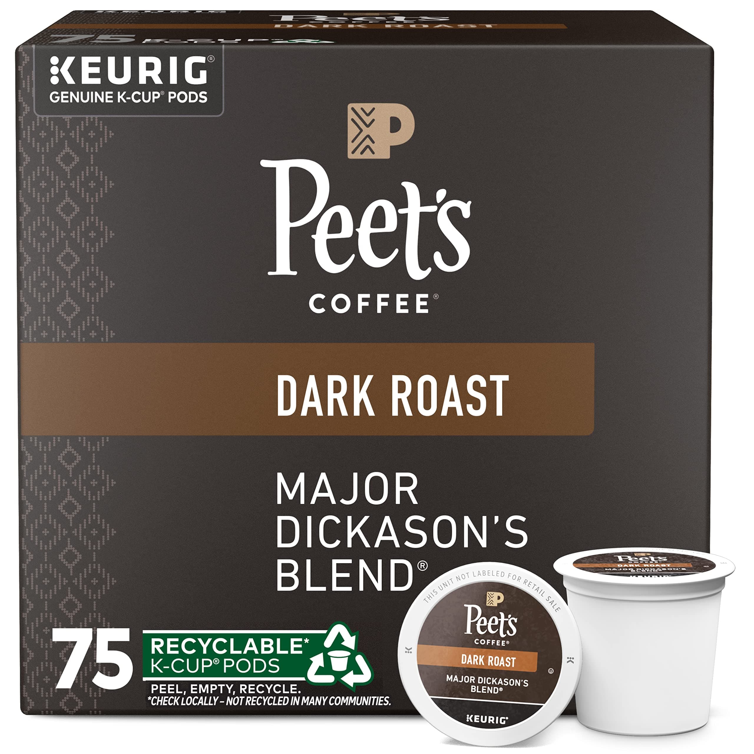 Peet's Coffee Major Dickason's Blend, Dark Roast, 75 Count Single Serve K-Cup Coffee Pods for Keurig Coffee Maker