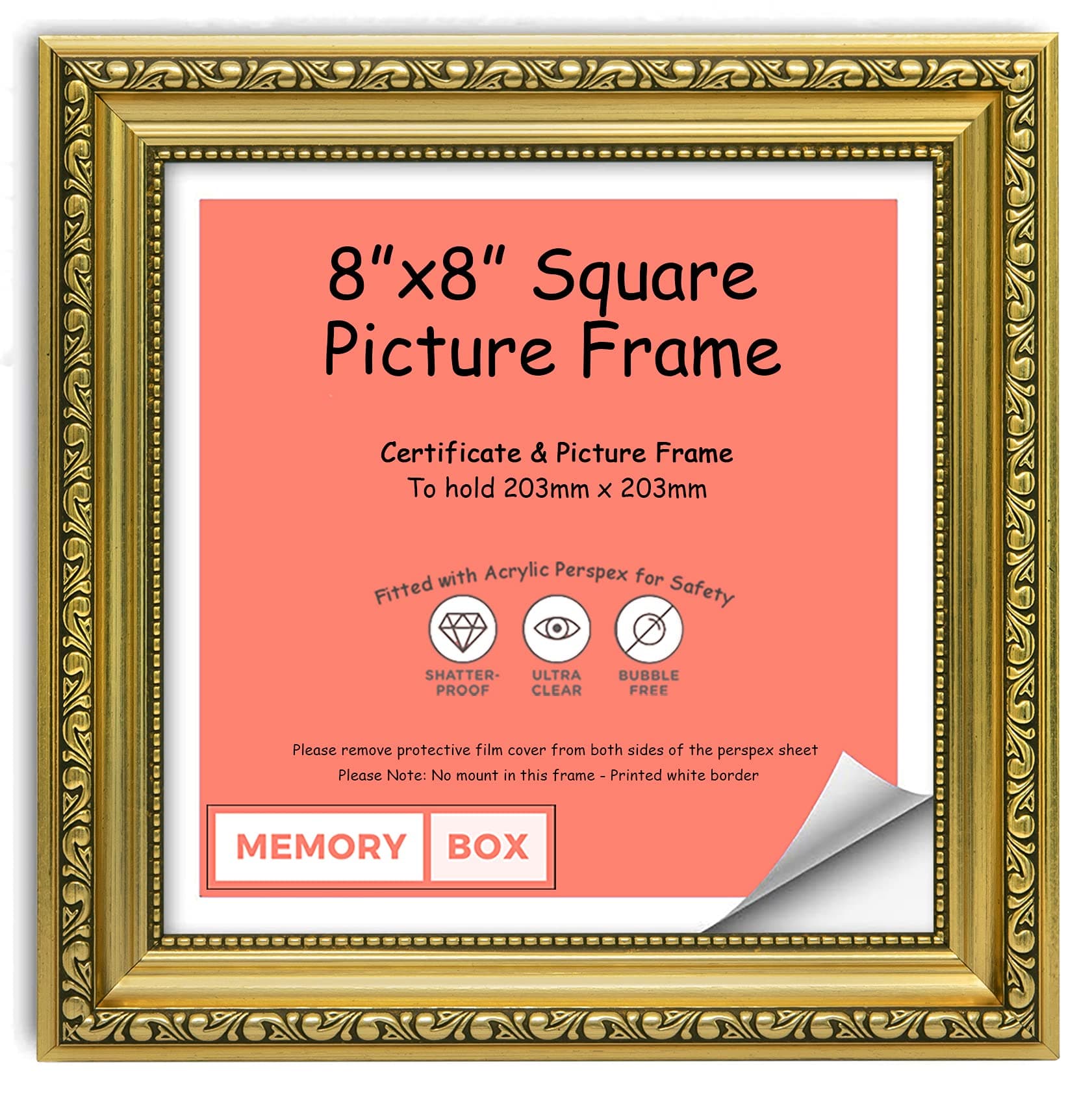 Memory Box Gold – 10" x 8" Ready to hang or stand Ornate Shabby Chic Picture/Photo/Poster frame with High Clarity Styrene Shatterproof Perspex Sheet & MDF backing board