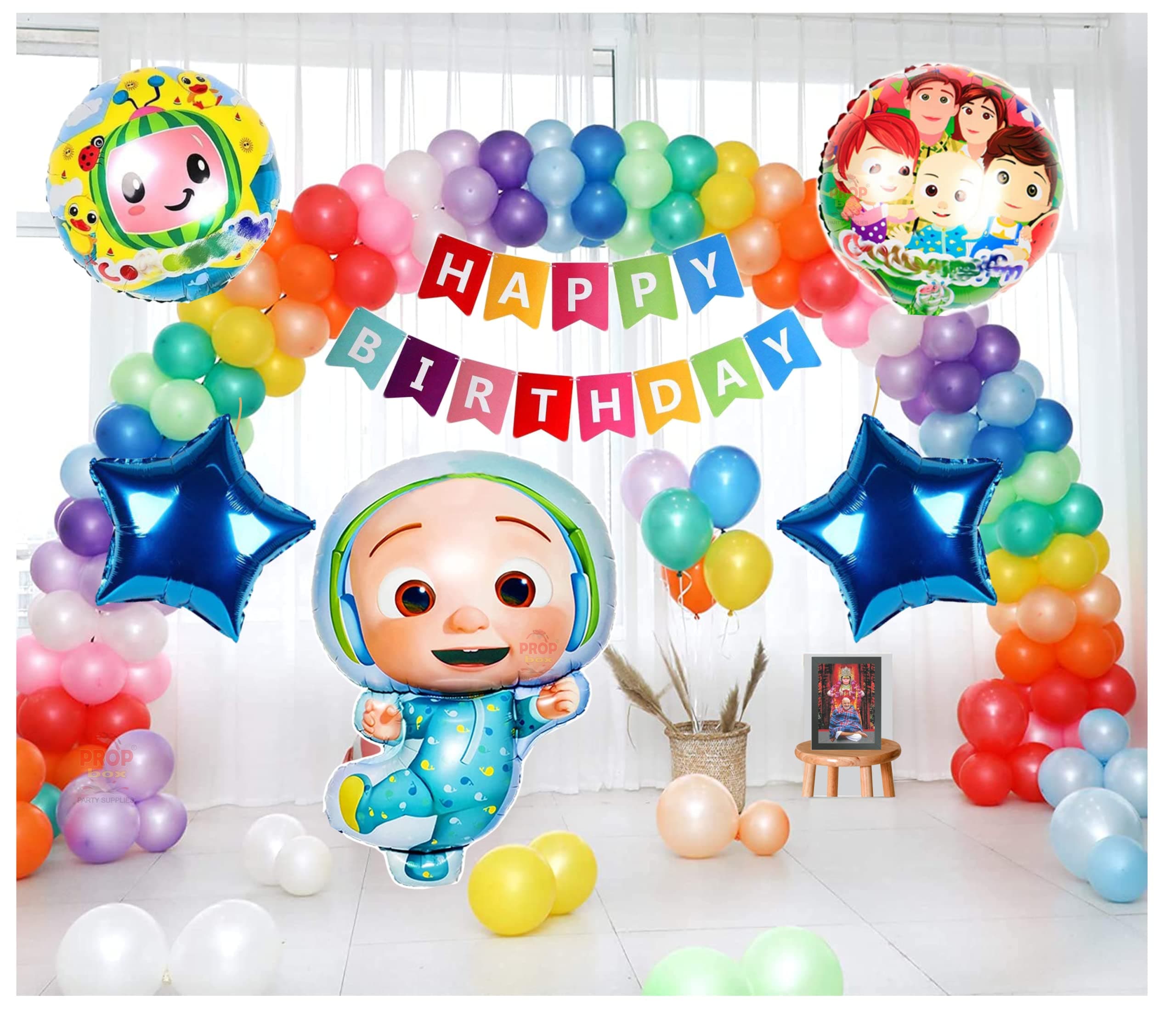 PROP BOX Coco Theme Birthday Party Decoration Kit- 59pc Combo Includes Coco Cartoon Foil Balloons, 50 Multi Color Ballons, Happy Birthday Card Banner For Cartoon Bday Supplies (Coco 1)