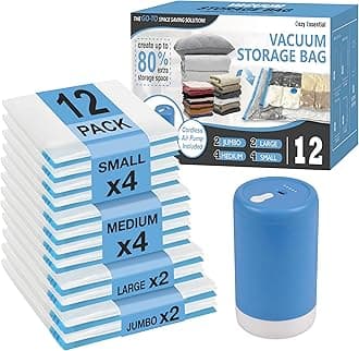 Travel Vacuum Storage Bags with Rechargeable Cordless USB Pump, Space Saver Bags for Luggage, Suitcase, Carry-On, for Clothes, Blankets, Bedding & Seasonal Storage,12 Combo