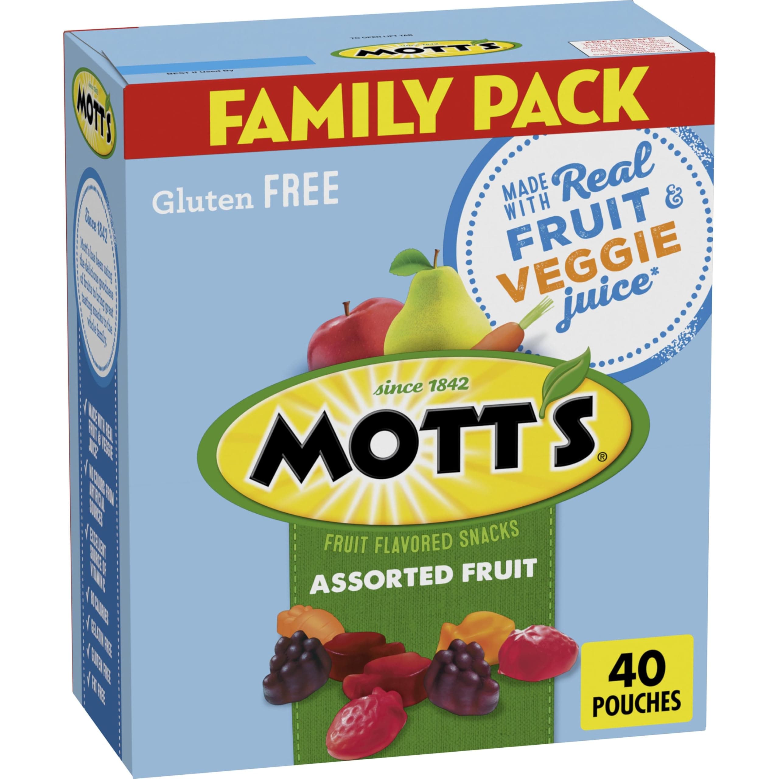 Mott's Fruit Flavored Snacks, Assorted Fruit, Pouches, 0.8 oz, 40 ct