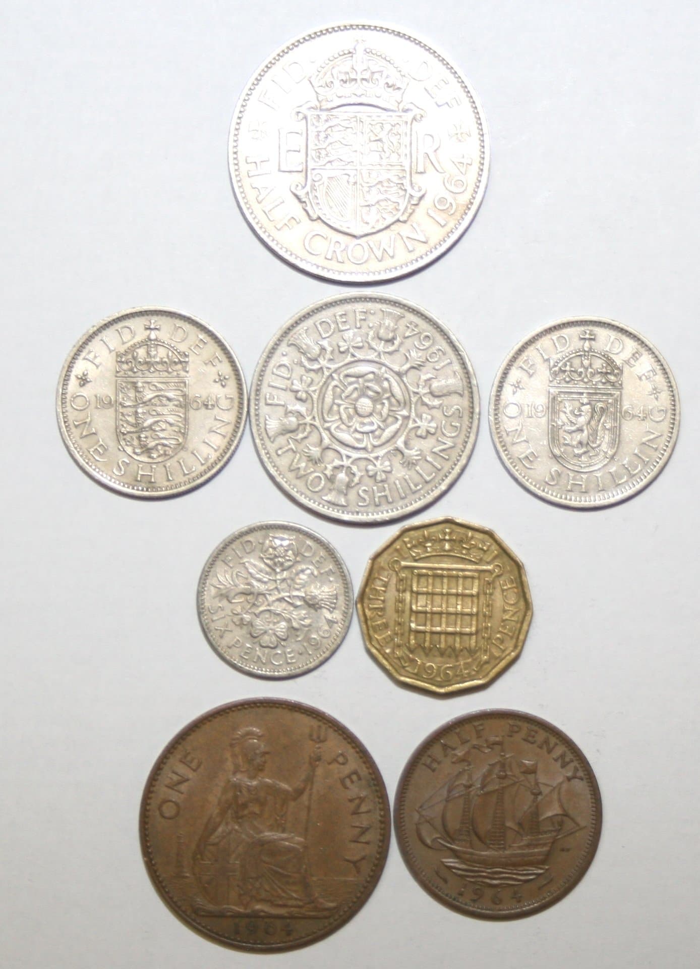 1964 Complete Circulating British Coin Year Set Very Fine or Better Condition 8 Coins in Individual Clear Envelopes