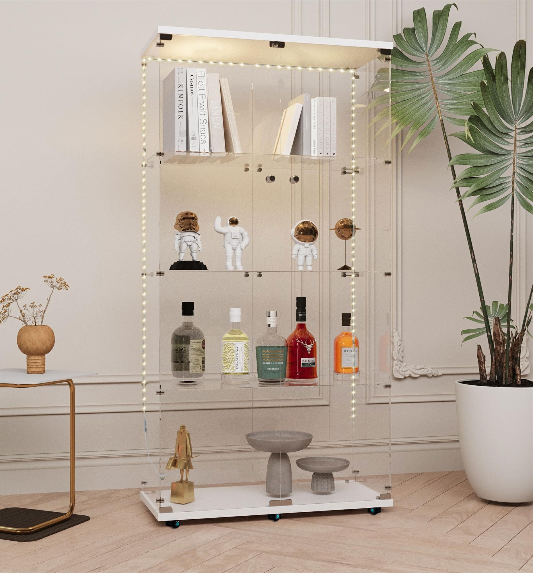 Modern Glass Display Cabinet 4-Shelf with LED Light, Lock and Wheels, 2 Door Curio Cabinets, Tempered Glass Collection Display Showcase for Living Room Home Office,30.9x13.5x65.5 H,White