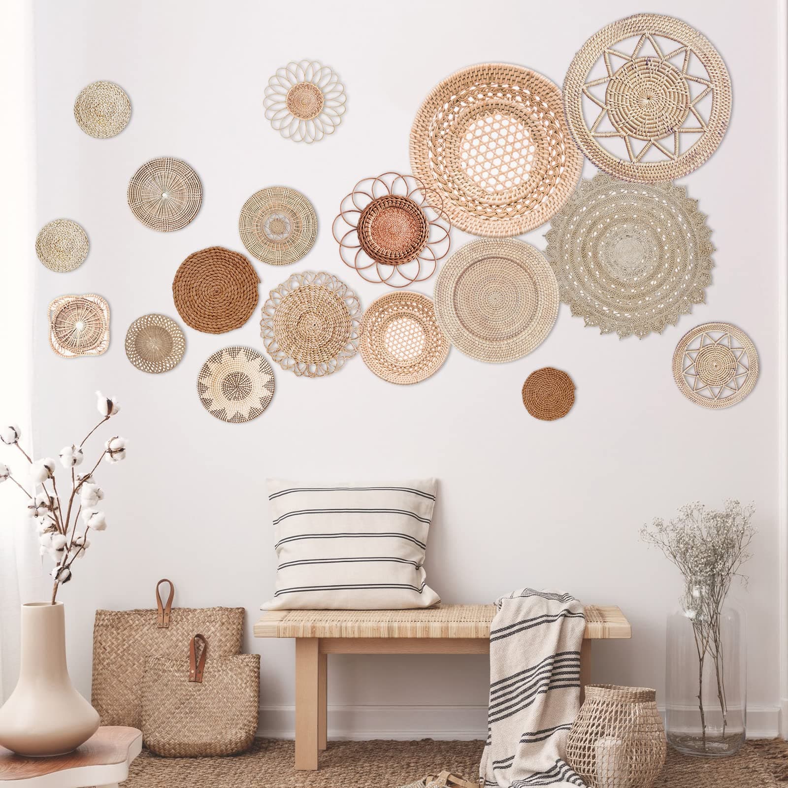 Glenmal 18 Pcs Boho Basket Wall Decals Round Wall Sticker Modern Decor Peel and Stick Decor Sticker Removable Boho Stickers Rustic Art for Bedroom Office, Stickers Only(Elegant Style)