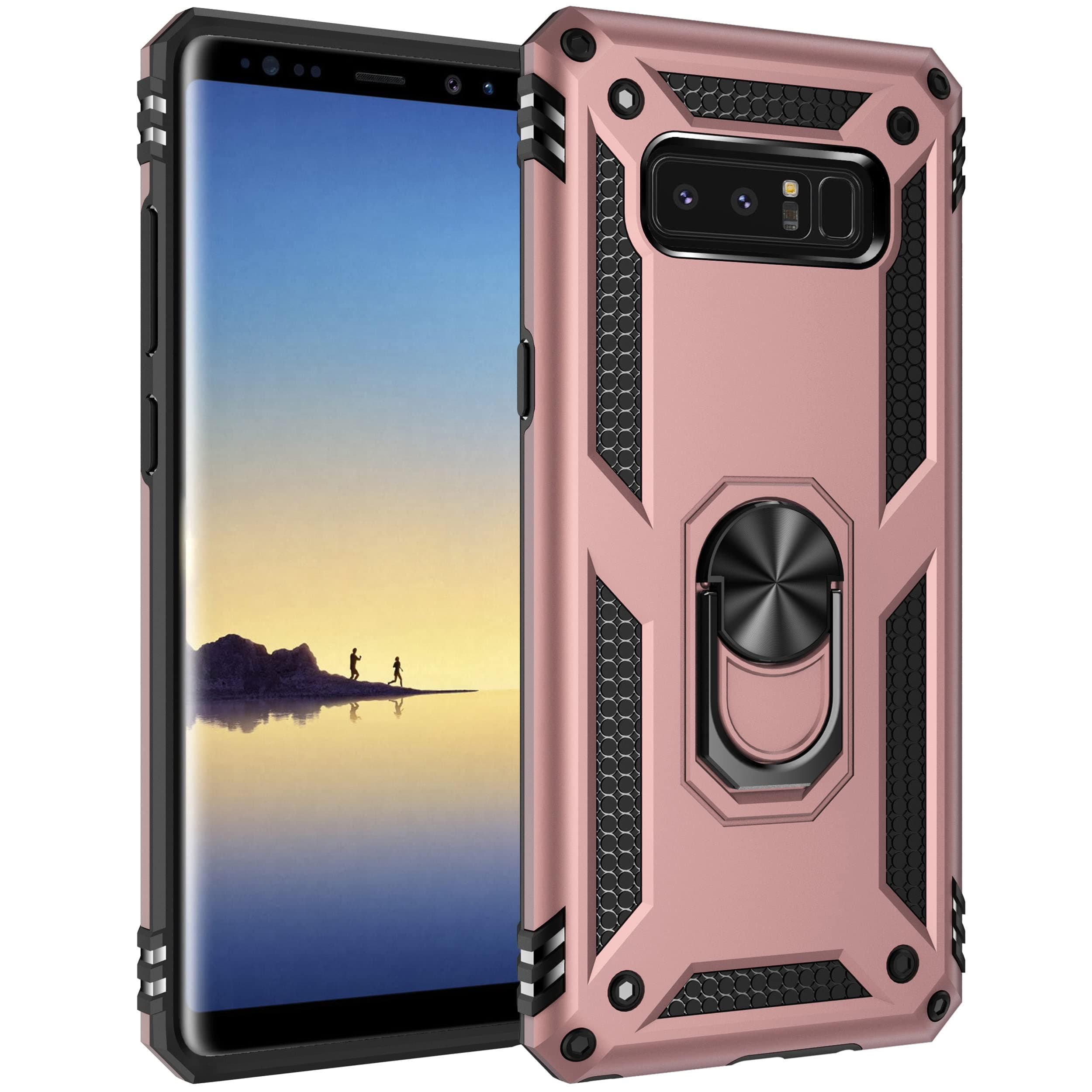 Military Grade Drop Impact for Samsung Galaxy Note 8 Case 360 Metal Rotating Ring Kickstand Holder Built-in Magnetic Car Mount Armor Shockproof Case for Galaxy Note 8 Protection Case (Rose Gold)