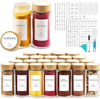 Glass Spice Jars with 398 Labels-4oz 24 Pcs,Round Seasoning Jars with Bamboo Airtight Lids,Spice Container Set -Shaker Lids, Funnel,Brush and Marker Included