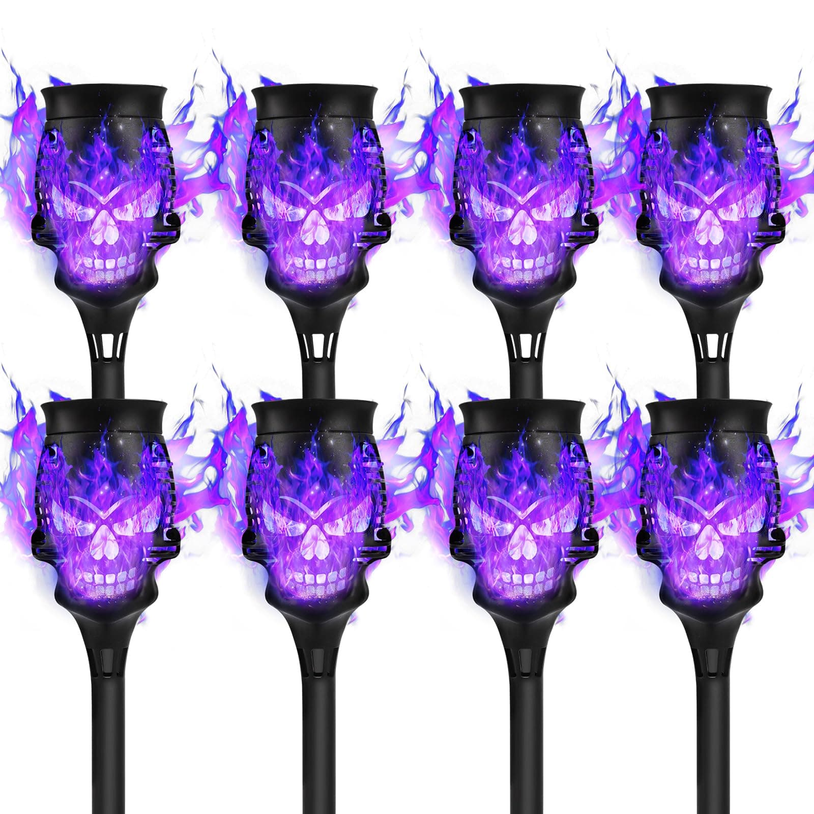 Spooky Skulls Solar Torch Lights - 8-Pack Flickering Flame Torches for Enchanting, Waterproof Outdoor Solar Powered Lighting, for Pathways, Garden, Yard, Halloween Decor, Black Purple-Lights