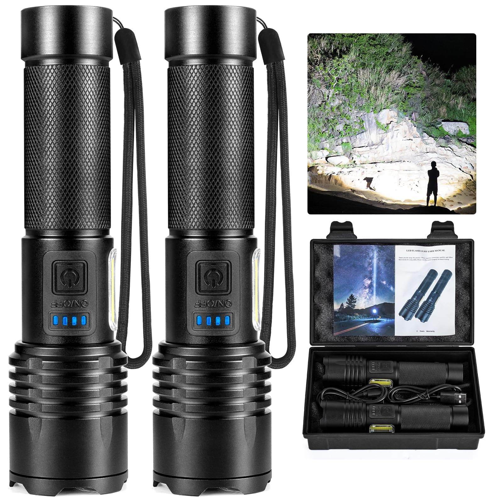 BERCOL Flashlights High Lumens Rechargeable Flash Light, 2 Pack 250000 Lumens Super Bright Led Flashlight, 7 Modes Brightest Powerful Flashlight, IPX6 Waterproof Handheld Flashlights for Camping Home