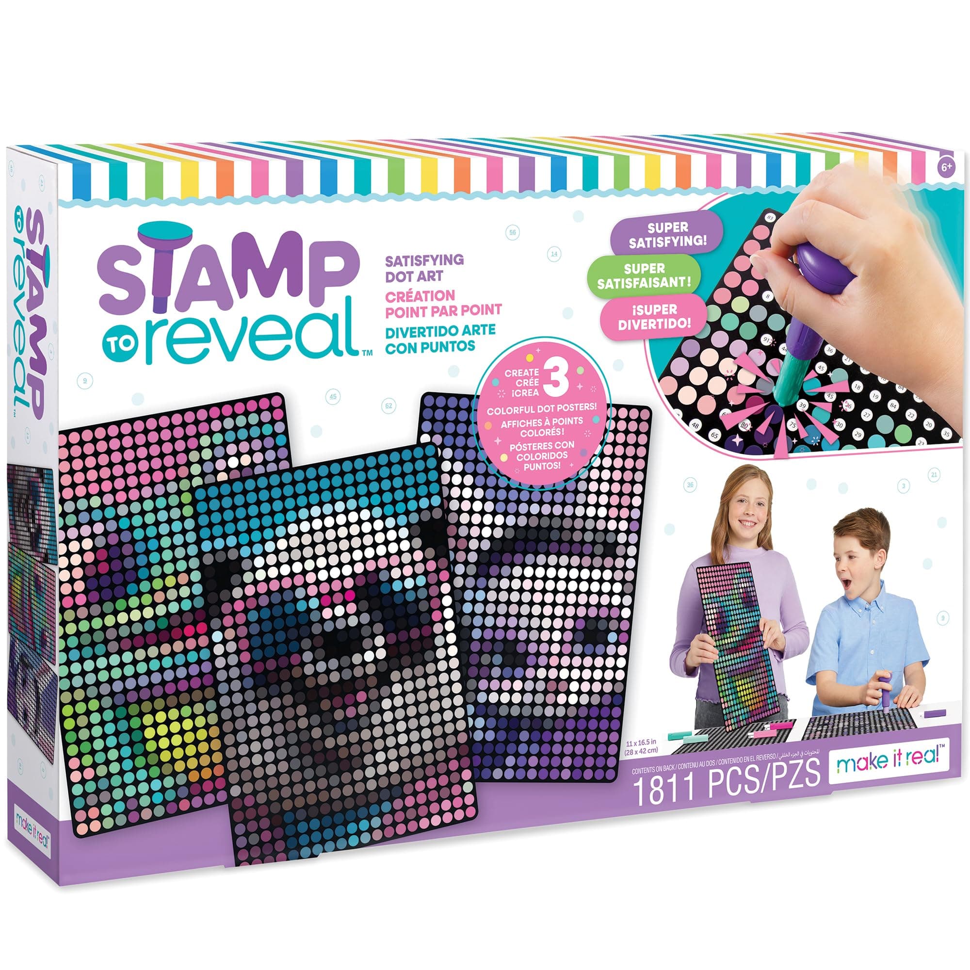 Make It Real Stamp to Reveal DIY Dot Posters, 1 Stamper per kit & 3 Dot Posters |Craft Kit, Artwork Activity, Girls & Kids Ages 6 Bunny, Frog, Panda