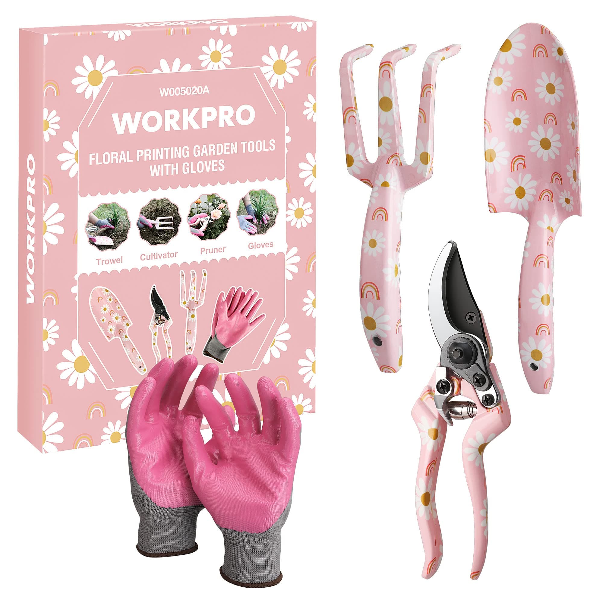 WORKPRO Aluminum Garden Tool Set, 4PC Heavy Duty Hand Tools with Gloves, Pink, Garden Gifts
