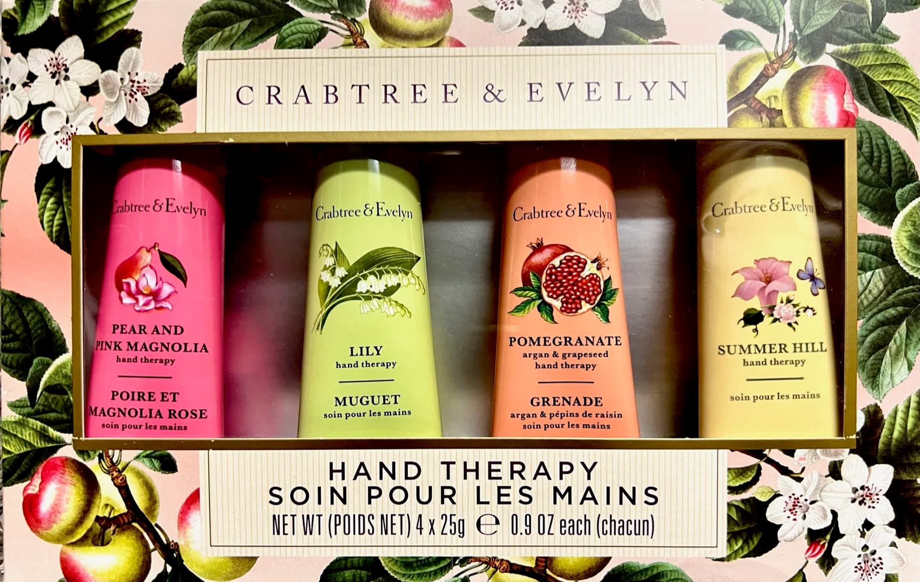Crabtree & Evelyn Hand Therapy 4-Pack (0.9 oz Each) (Pear/Pink Magnolia, Lily, Pomegranate, Summer Hill)