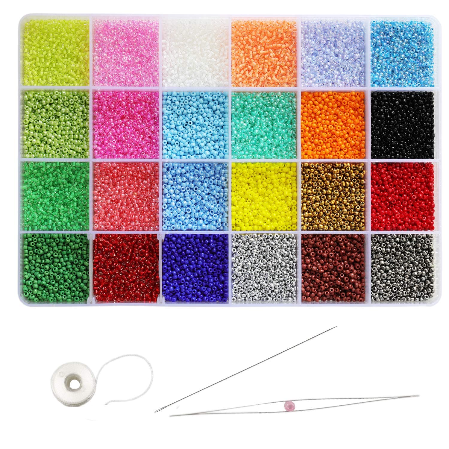 Size 12/0 Crafts Glass Seed Beads 2mm Tiny Pony Beads Assorted Kit with Organizer Box for Jewelry Making (24 Assorted Multicolor Set, Total About 24000pcs)