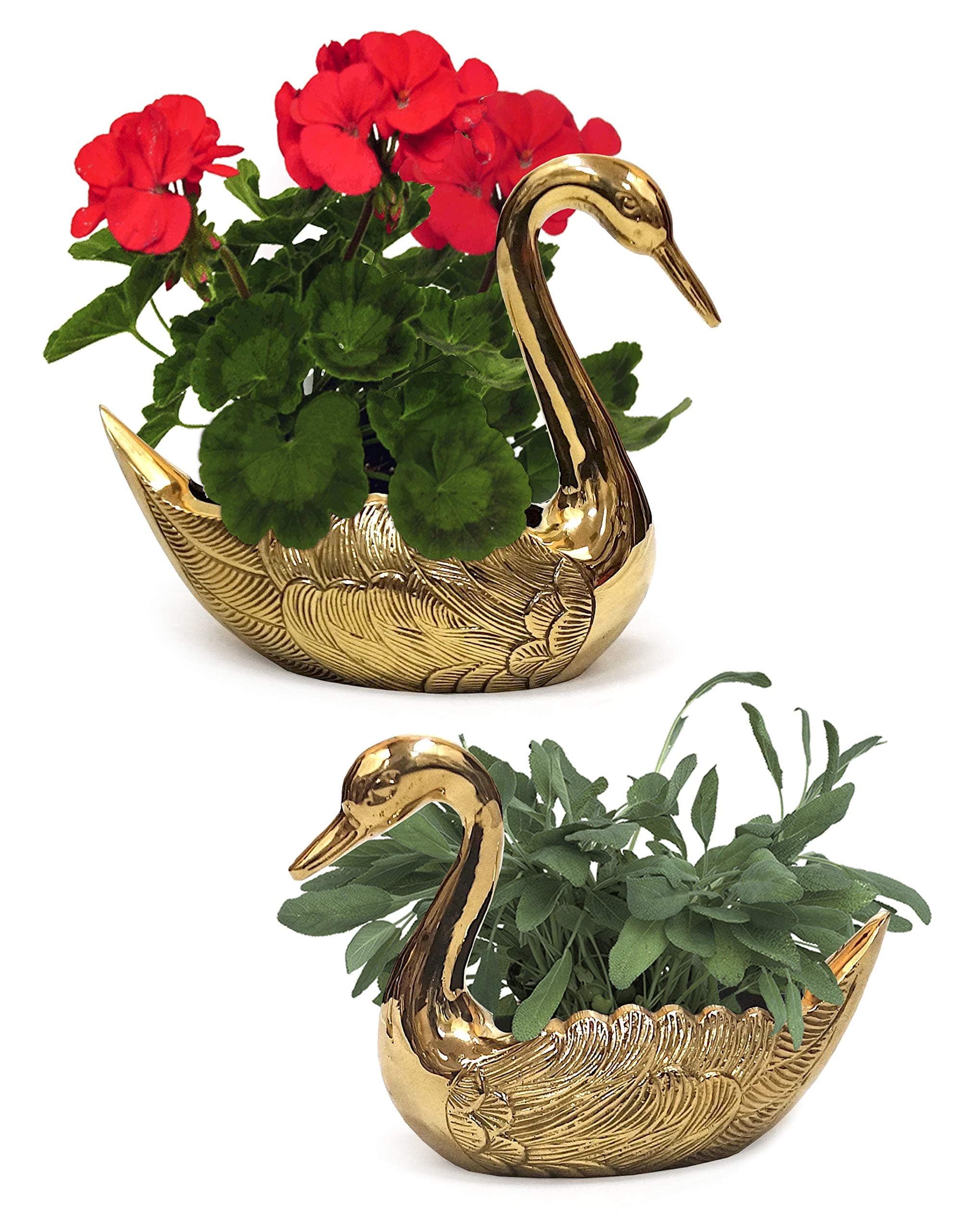 Solid Brass Swan Pair Plant Pots - Flower Pot Containers Great for Plant Stands Succulent Plants - Indoor/Outdoor Animals Garden Decor Gold Bird Planters Set