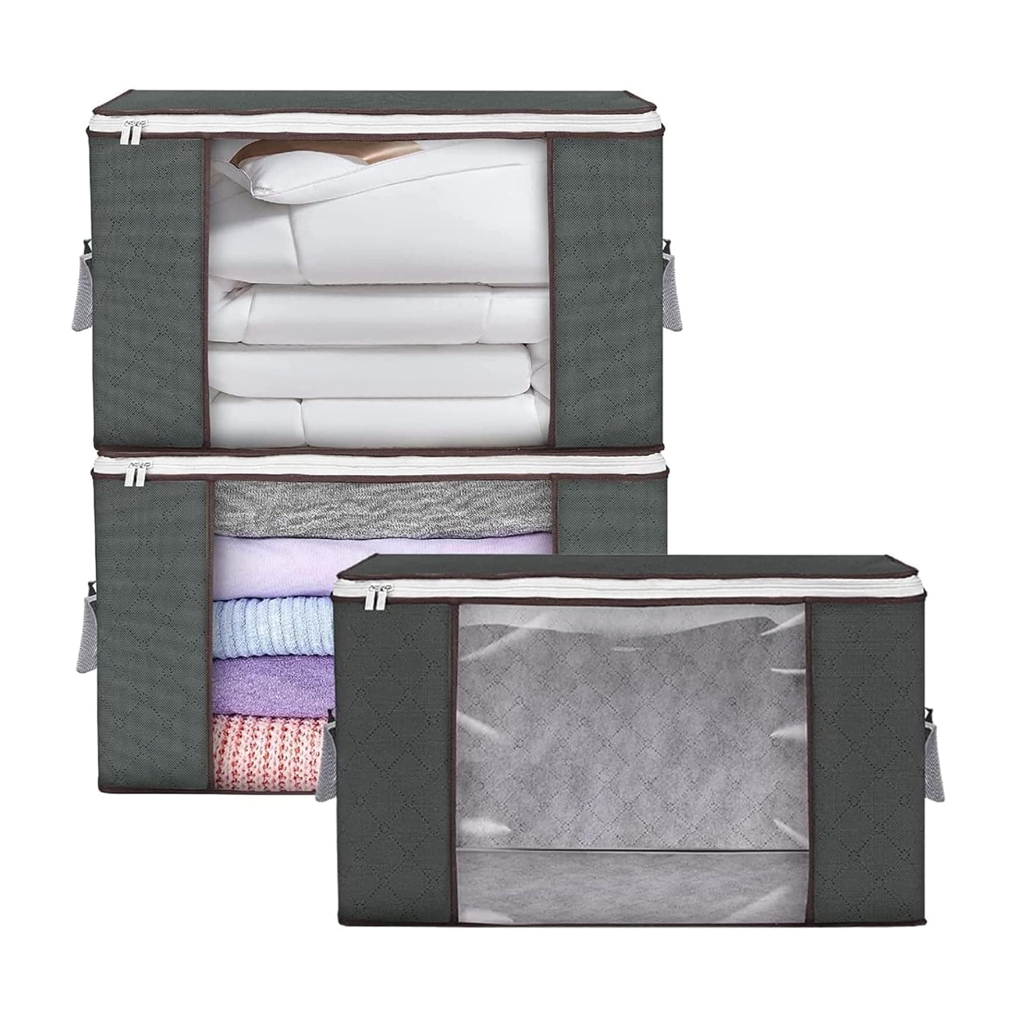 Sulfar 3 Pack Large Clothes Storage Bags | Foldable Durable Organizer with Clear Window & Carry Handles | Space Saver for Clothing, Bedding, Closet
