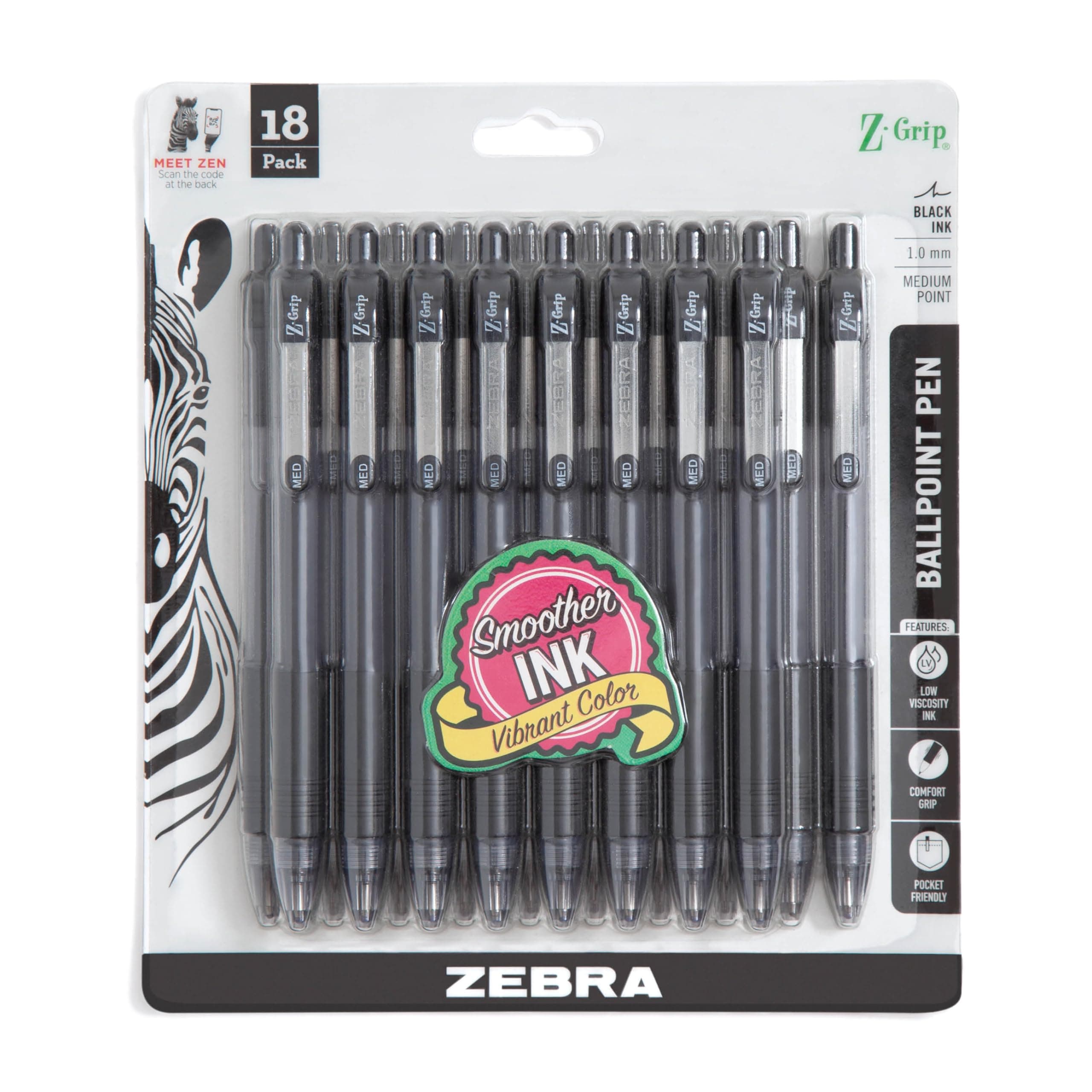 Zebra Pen Z-Grip Retractable Ballpoint Pen, Medium Point, 1.0mm, Black Ink, 18 Count (Pack of 1), Model Number: 22218