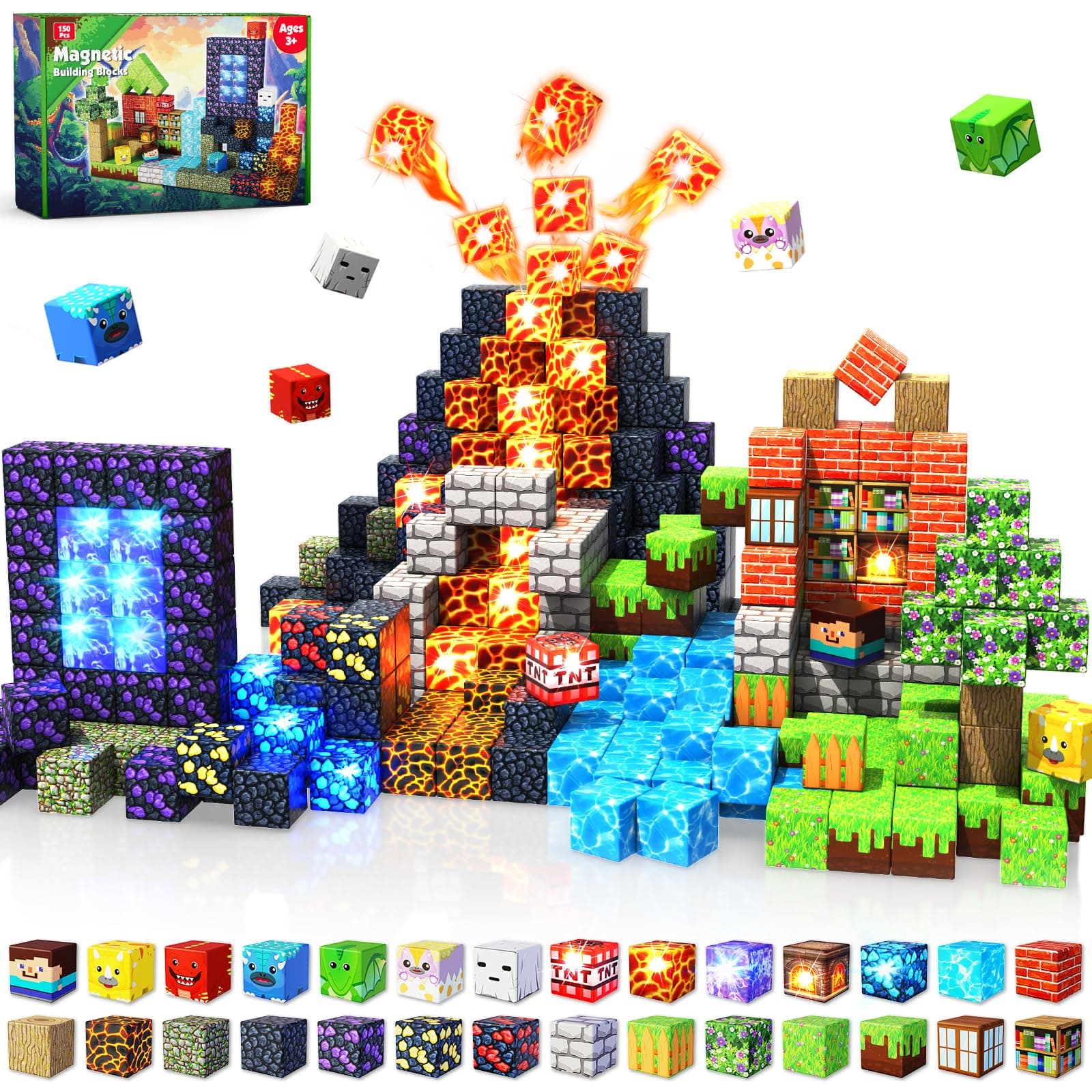 150 pcs 0.8inch Magnetic Blocks with 24 Light Blocks - Easter Toys for Kids, Boys and Girls, Magnetic Building Blocks Cubes, Stacking Magnets, Birthday Gifts for Boys and Girls Age 3+ Years Old