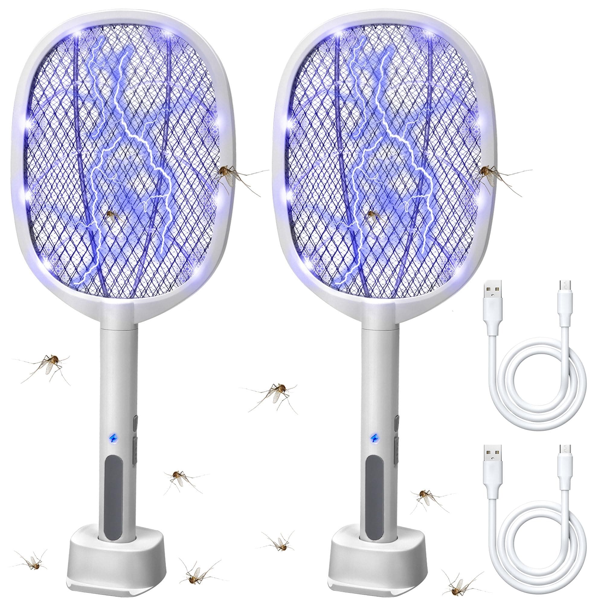 Lulu Home 2-in-1 Electric Bug Zapper Racket, 2 Pack 3000V High Voltage LED Lighted Handheld Mosquito Swatter with 3 Layer Safety Mesh, USB Charging Portable Fly Killer Racquet