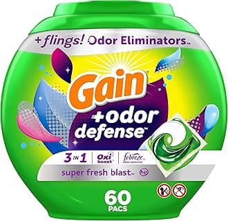 Flings Laundry Detergent Pacs with Odor Defense, 60 Count, Super Fresh Blast Scent, HE 3in1 Detergent Pacs with Febreze and Oxi