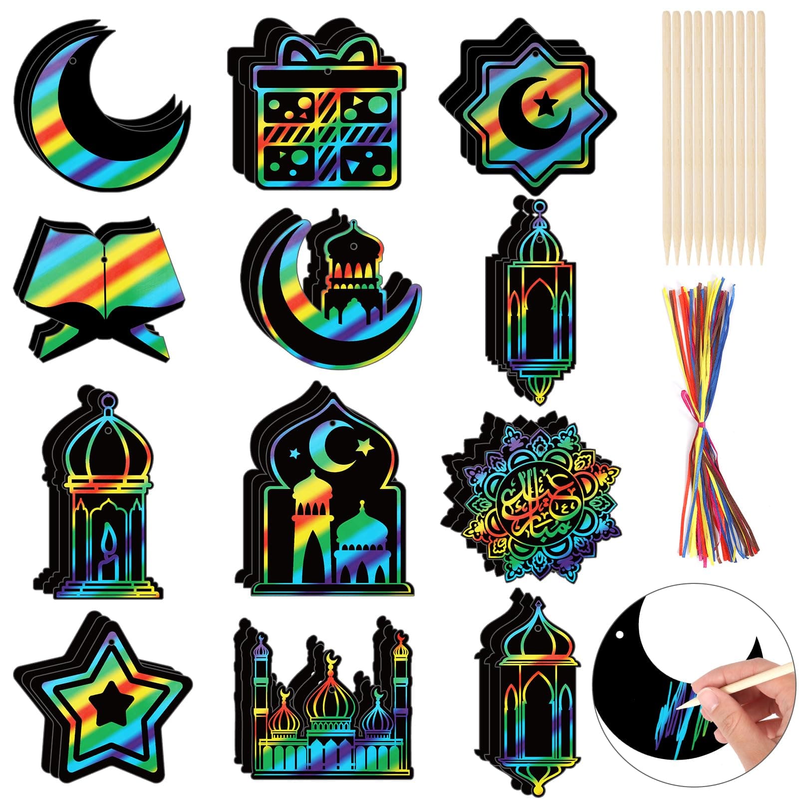 36pcs Ramadan Eid Scratch Art for Kids, Star Moon Lantern Mosque Shaped Rainbow Paper Decorations Ornaments Crafts Kids Islamic Gifts Black