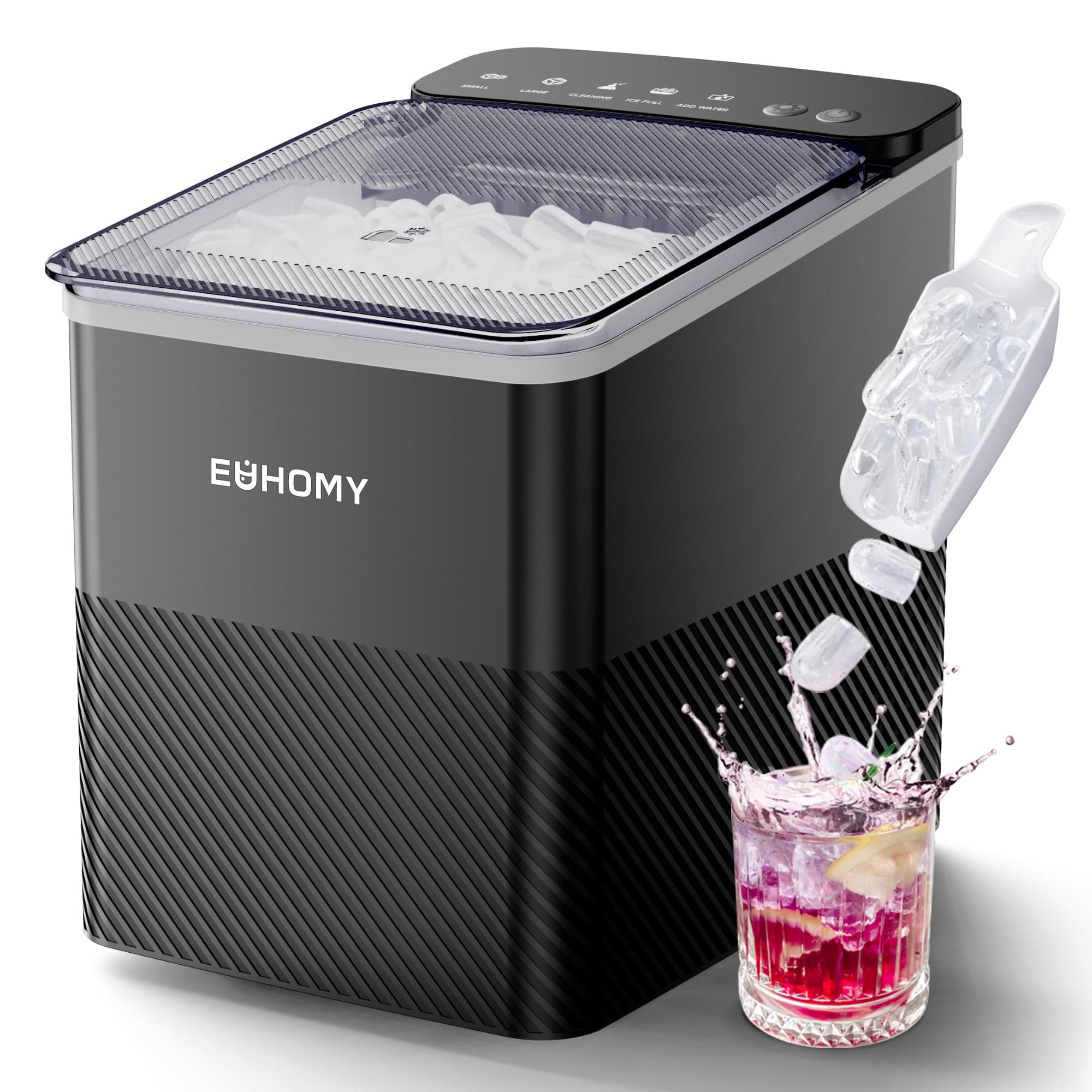 EUHOMY Countertop Ice Maker, Ice Machine with One-Touch Control and Automatic Cleaning, Produces 9 Cubes 2 Sizes,12kg/24h, Smart Reminders, Transparent Lid, for Office/Kitchen/Bedroom/Living Room/Bar