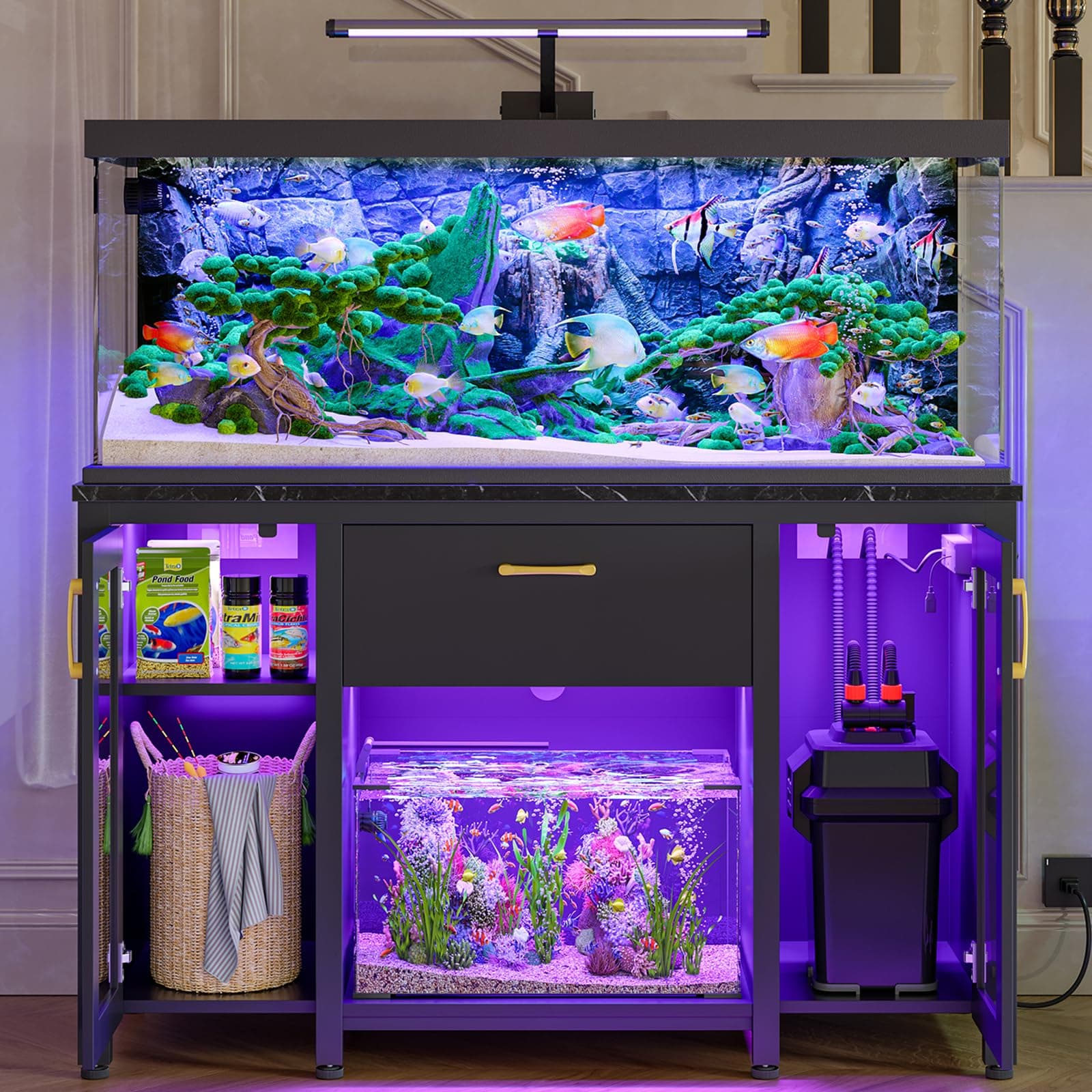 Bestier 55-75 Gallon Fish Tank Stand with Power Outlet & LED Light, 49.2"x19.2" Heavy-Duty Aquarium Stand with Storage, Dual Glass Cabinet, 8 Thicken Metal Legs, Suit for Reptile/Turtle Terrarium