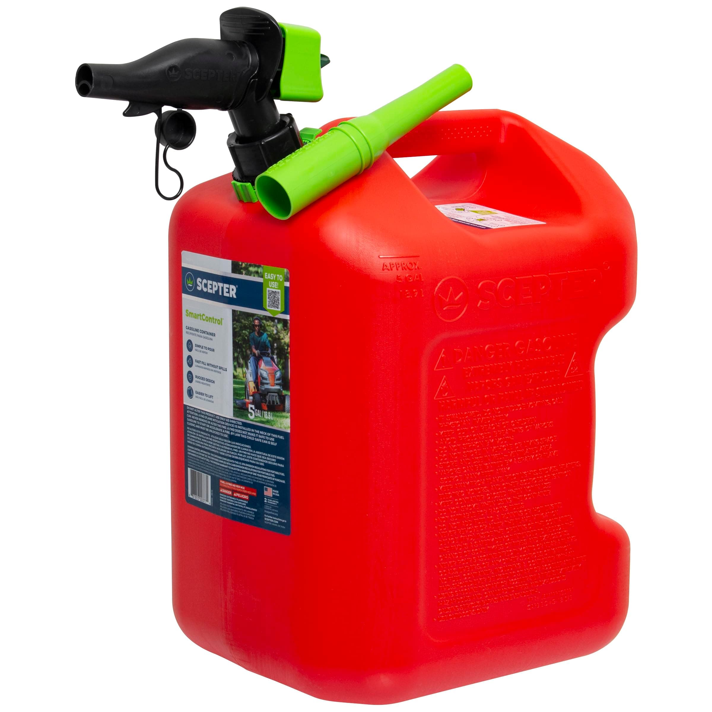 Scepter FSCG552 Fuel Container Spill Proof with Smart Control Pourer, Bonus Spout Extender, Rear Handle, Red Gas Can, 5 Gallon