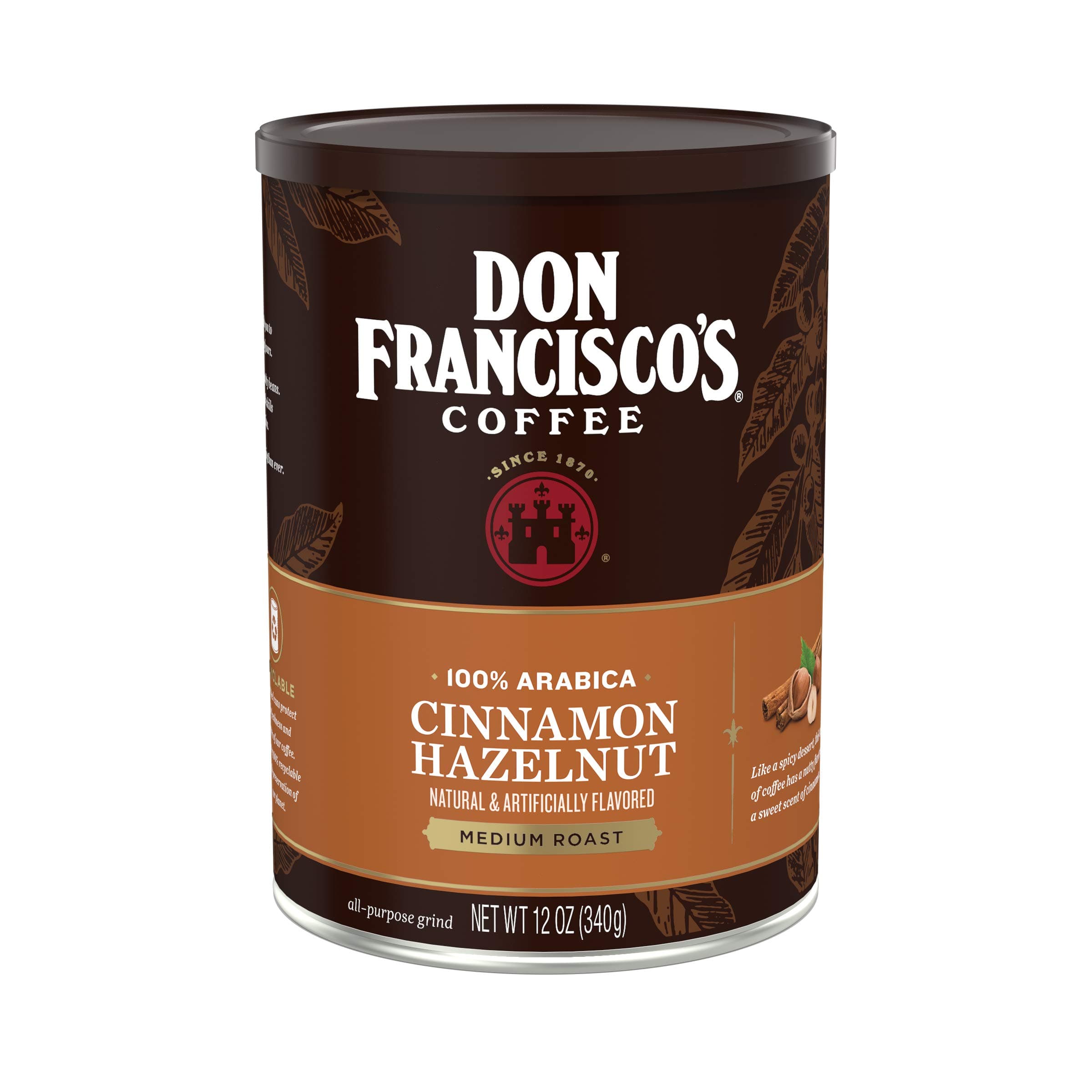 Don Francisco's Cinnamon Hazelnut Ground Flavored Coffee: Rich, Aromatic 100% Arabica Blend - Medium Roast for a Delightful Morning Brew (12 oz Can)
