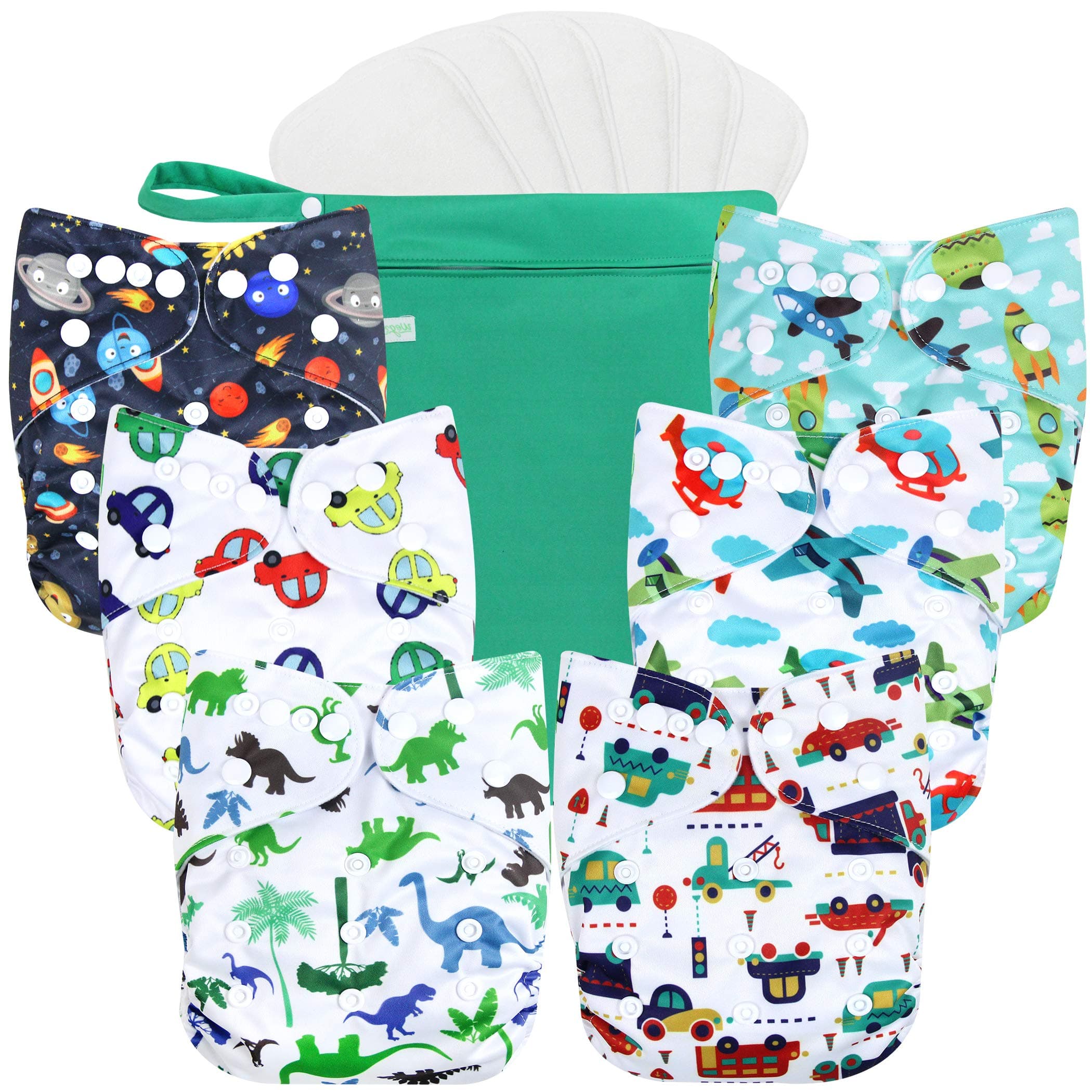 Cloth Diapers 6 Pack with 6 Inserts & 1 Wet Bag, Washable Cloth Diapers for Babies, One Size Adjustable Reusable (Car, Airplane)