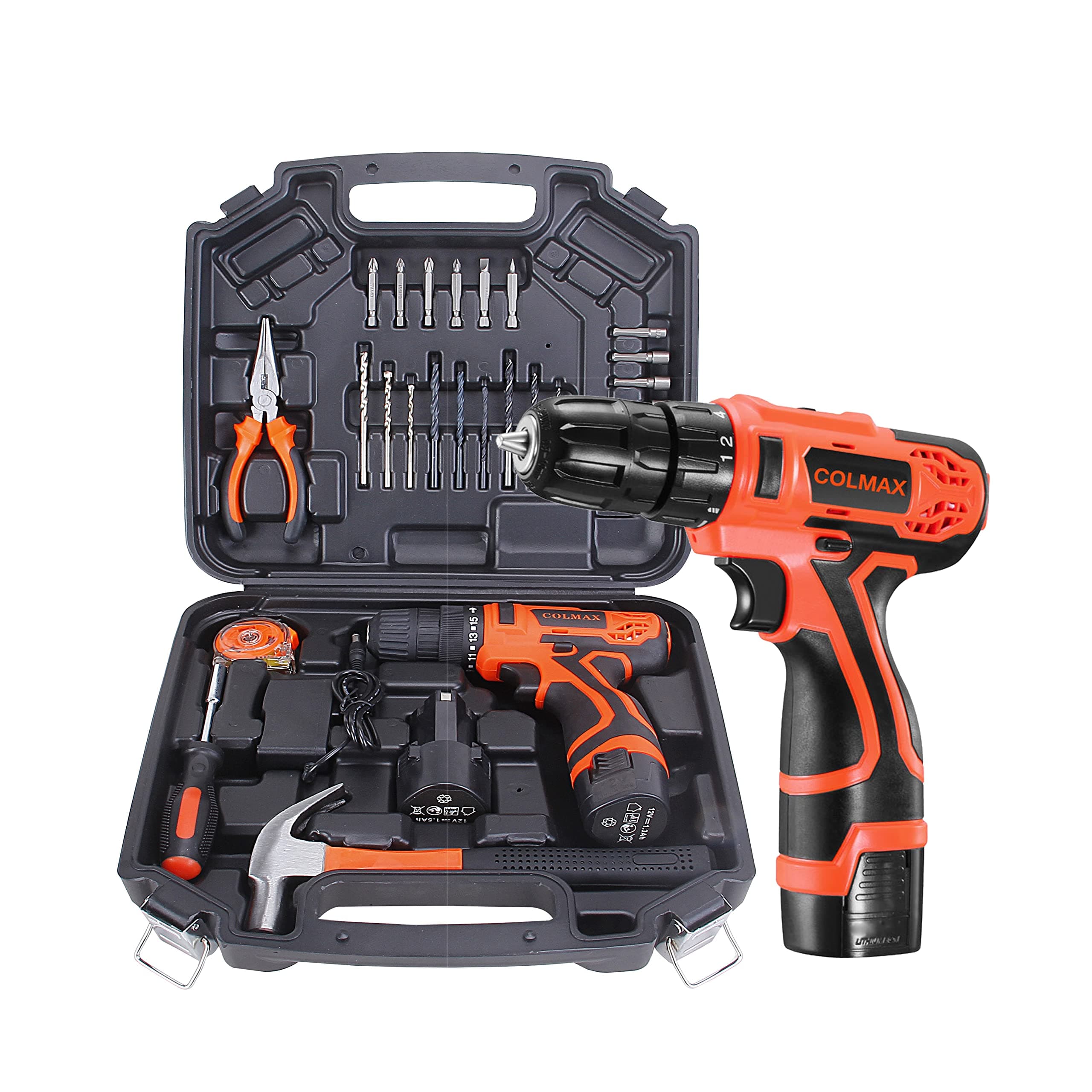COLMAX Hand Combo Power Tool set 28 pcs, Electric Tool Kit, 12V Power Cordless Drill with 2 Batteries! Household Repairing Mixed Tool, Daily Use Home Repairing Tool Kit, with Blow Molded Case