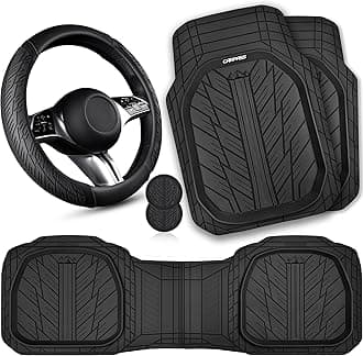Leather Rubber Steering Wheel Cover 14 1/2” -15”,Tire Tread Pattern Design,Non-Slip Wear-Resistant, Heavy Duty Deep-Dish Car Floor Mats, Trim-to-Fit Car Mat,Fit for Steering Wheel Black