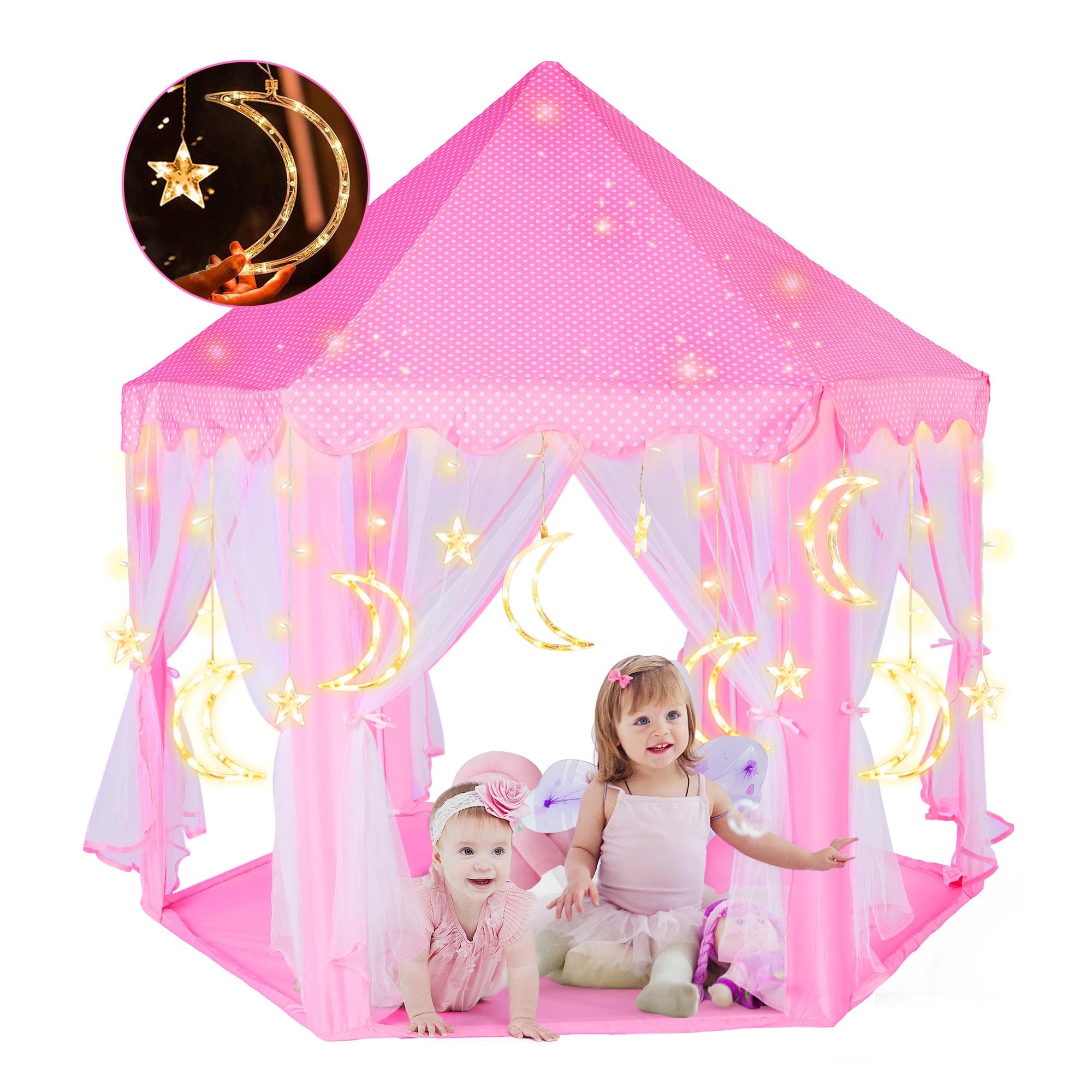 Princess Castle Play Tent with Big Moon Star String Lights for Girls, Large Hexagon Playhouse, Kids Dream Tent Toy for Children Indoor Outdoor Games, 55" x 53" (Pink)