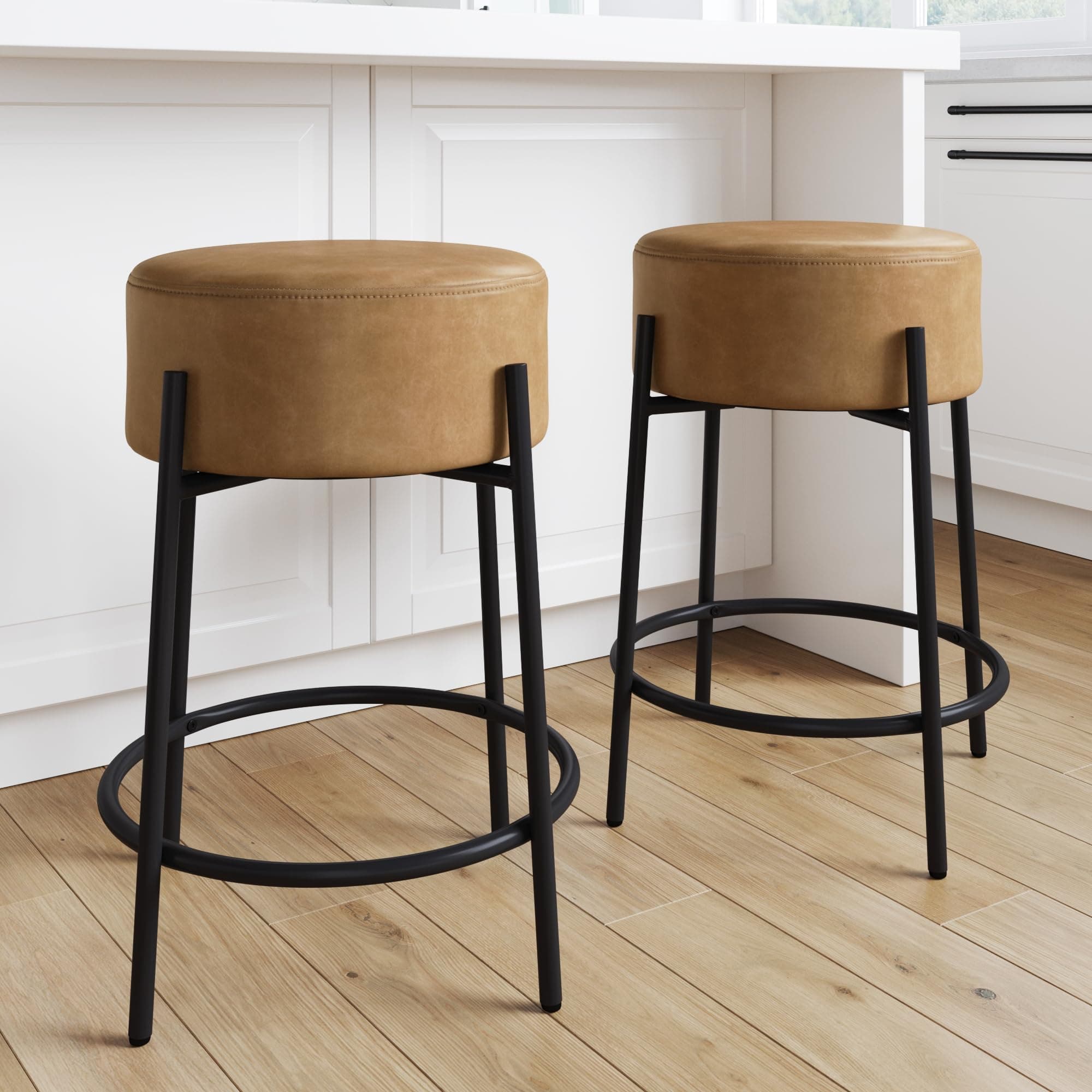 Nathan James Isaac 24" Modern Backless Bar Stool with Round Soft Padded Upholstered Seat and Metal Mid-Century Base, PU Light Brown/Black, Set of 2