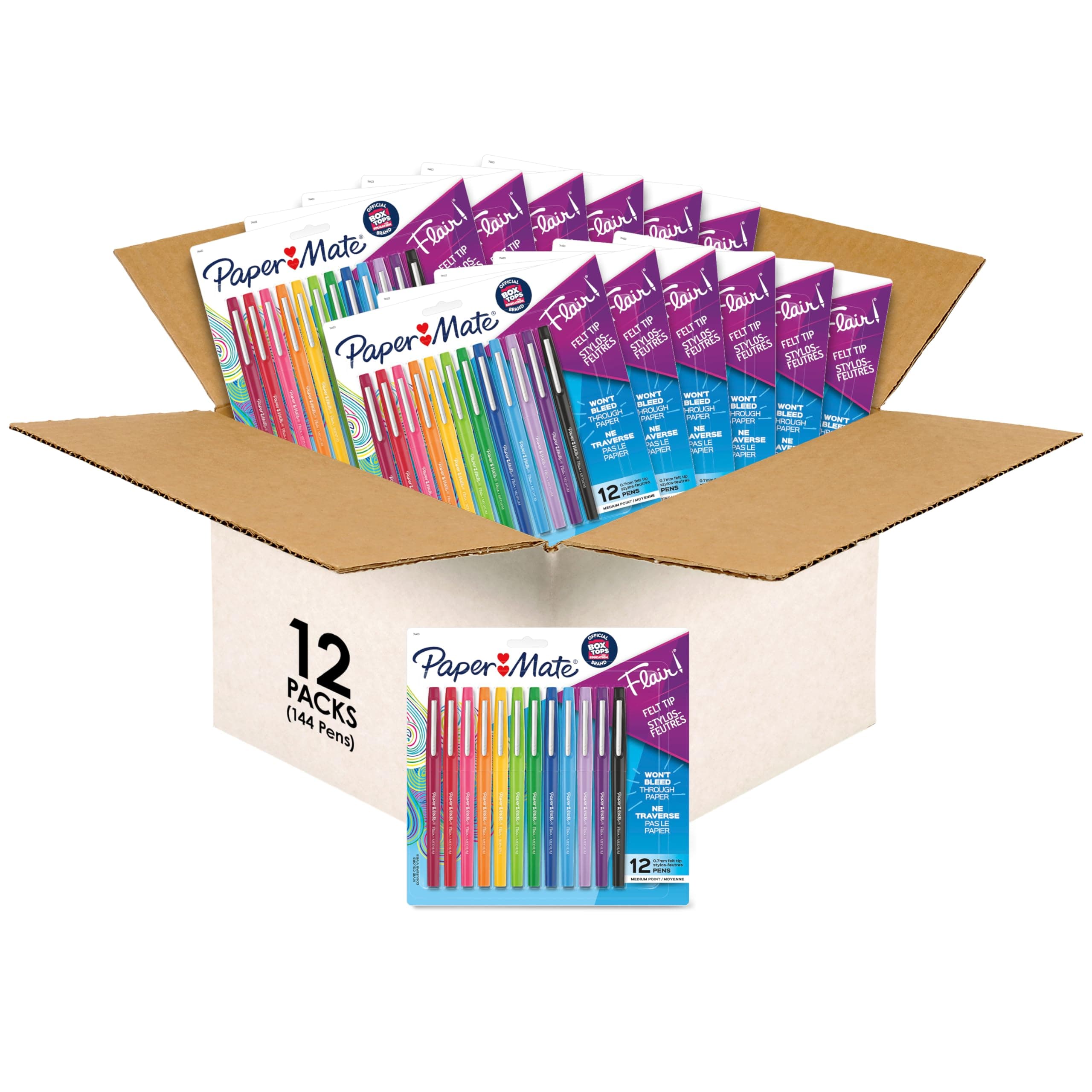 Flair Felt Tip Pens, Medium Point (0.7mm), Assorted Colors, (Pack of 12, 144 Count Total)