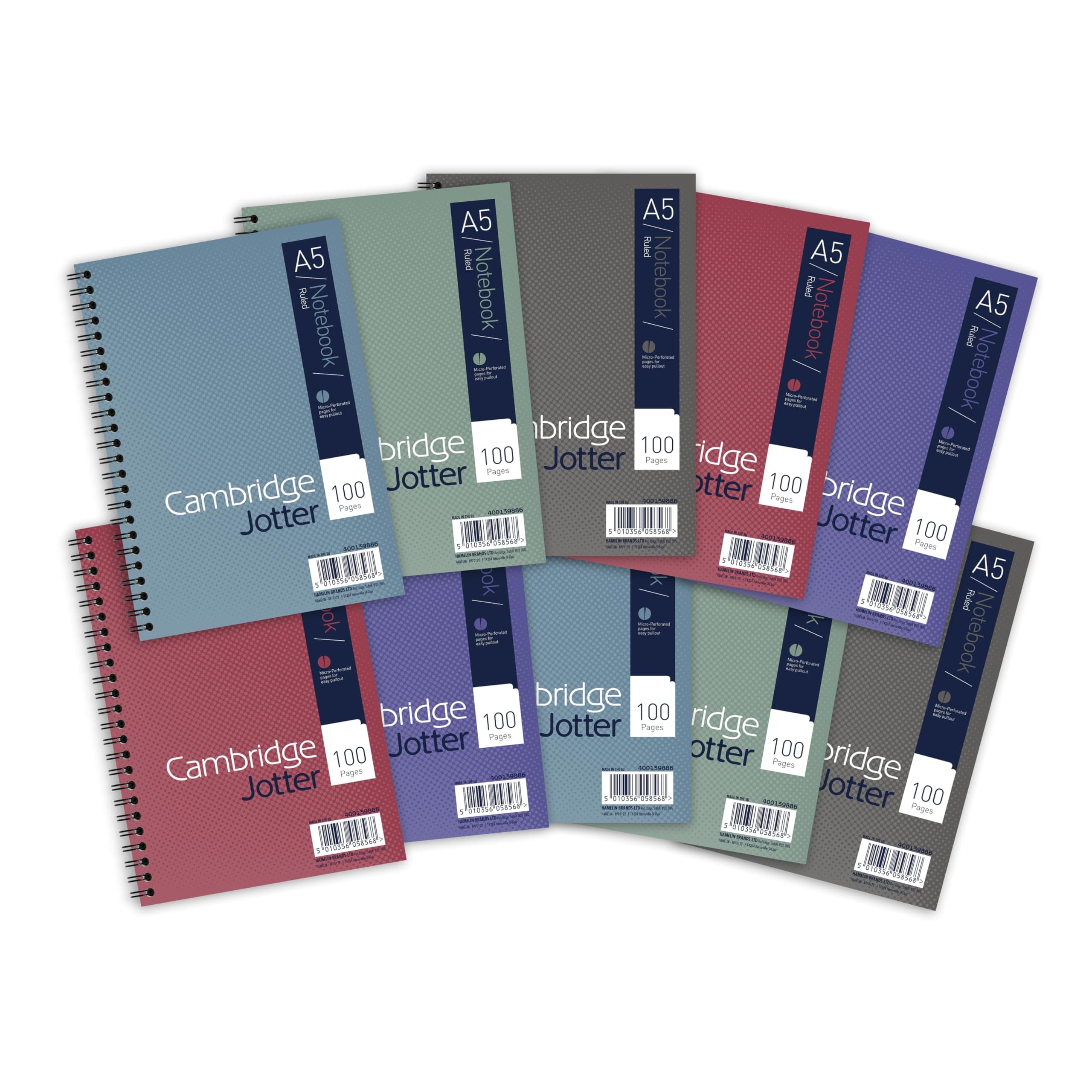 Cambridge Jotter A5 Notebook, Wirebound, 8 mm Lined with Margin, 100 Pages, Pack of 10 Notepads, Green, Blue, Grey, Red, Purple