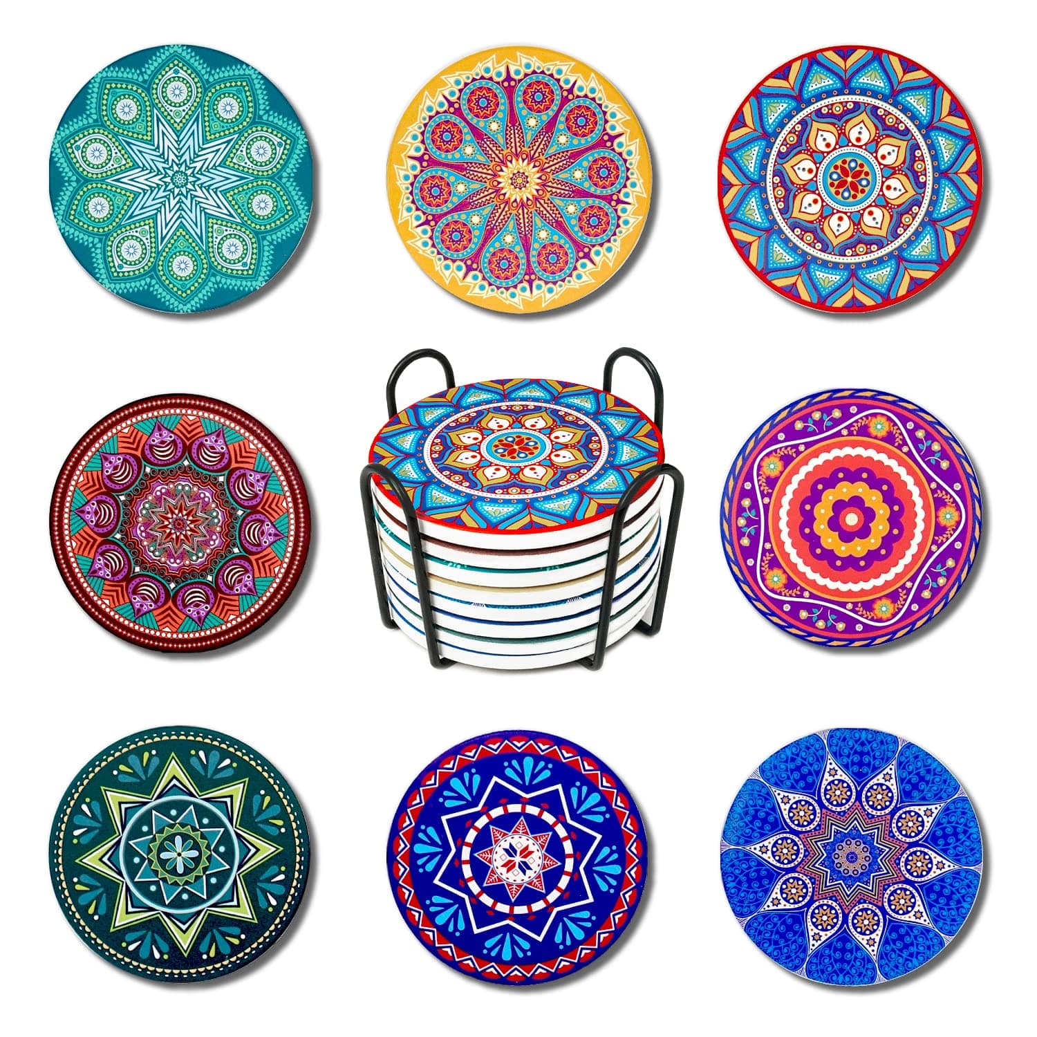 Set of 8 Absorbent Ceramic Coasters with Holder- Cork Base,Prevent Furniture from Dirty and Scratched, for Drinks,Coffee Mug Place Mats and Other Mugs and Cups 9240