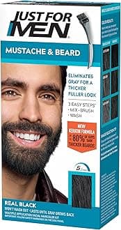 Just For Men Mustache & Beard multiple uses Beard Dye for Men with Brush Included, With Keratin Biotin Aloe and Coconut Oil for Healthy Facial Hair - Real Black, M-55, Pack of 1 (Packaging May Vary)