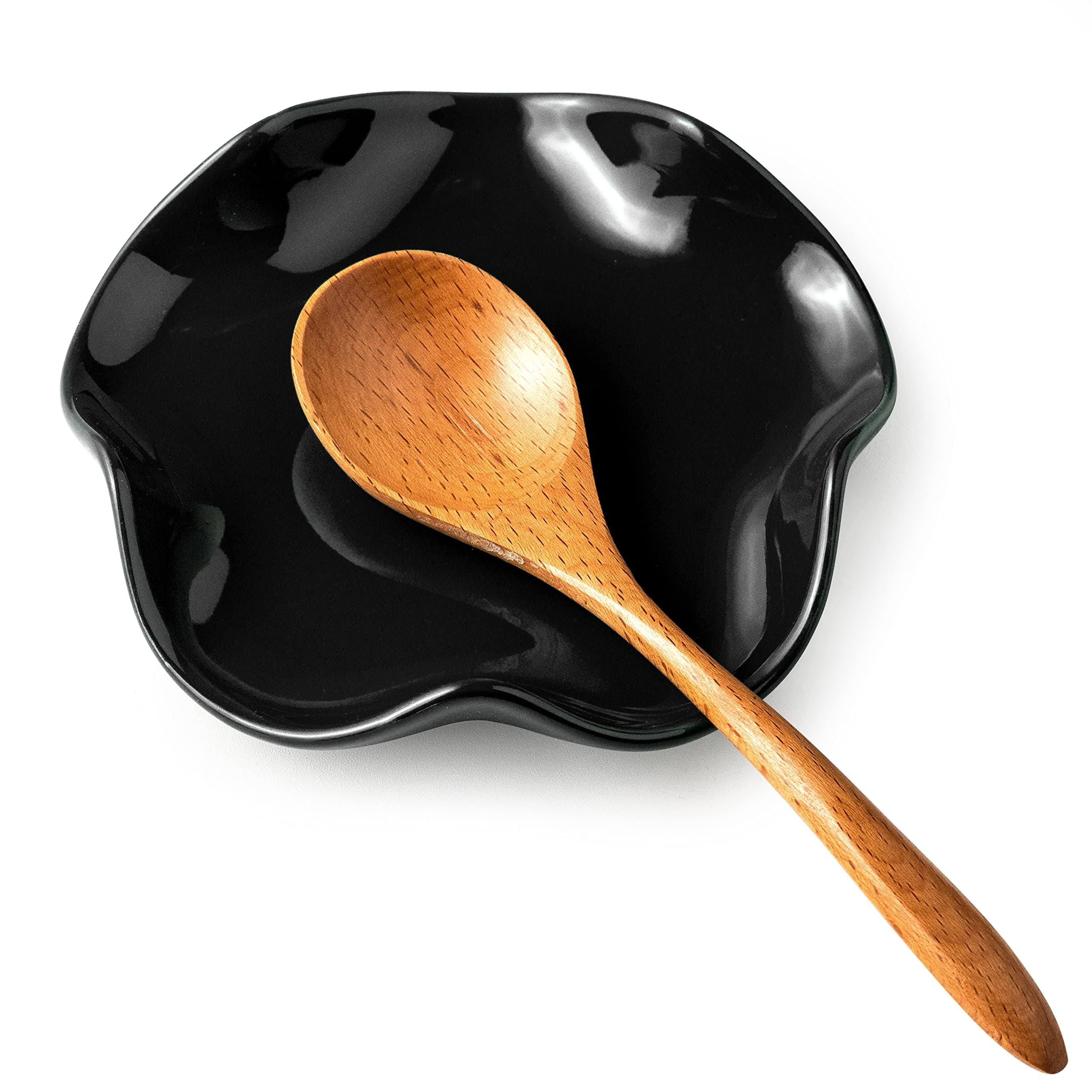 Spoon Rest for Kitchen Counter, 5.3" Ceramic Spoon Holder for Stove Top, Cute Spoon Rests Spatula Holder for Multiple Utensils, Farmhouse Kitchen Decor Black